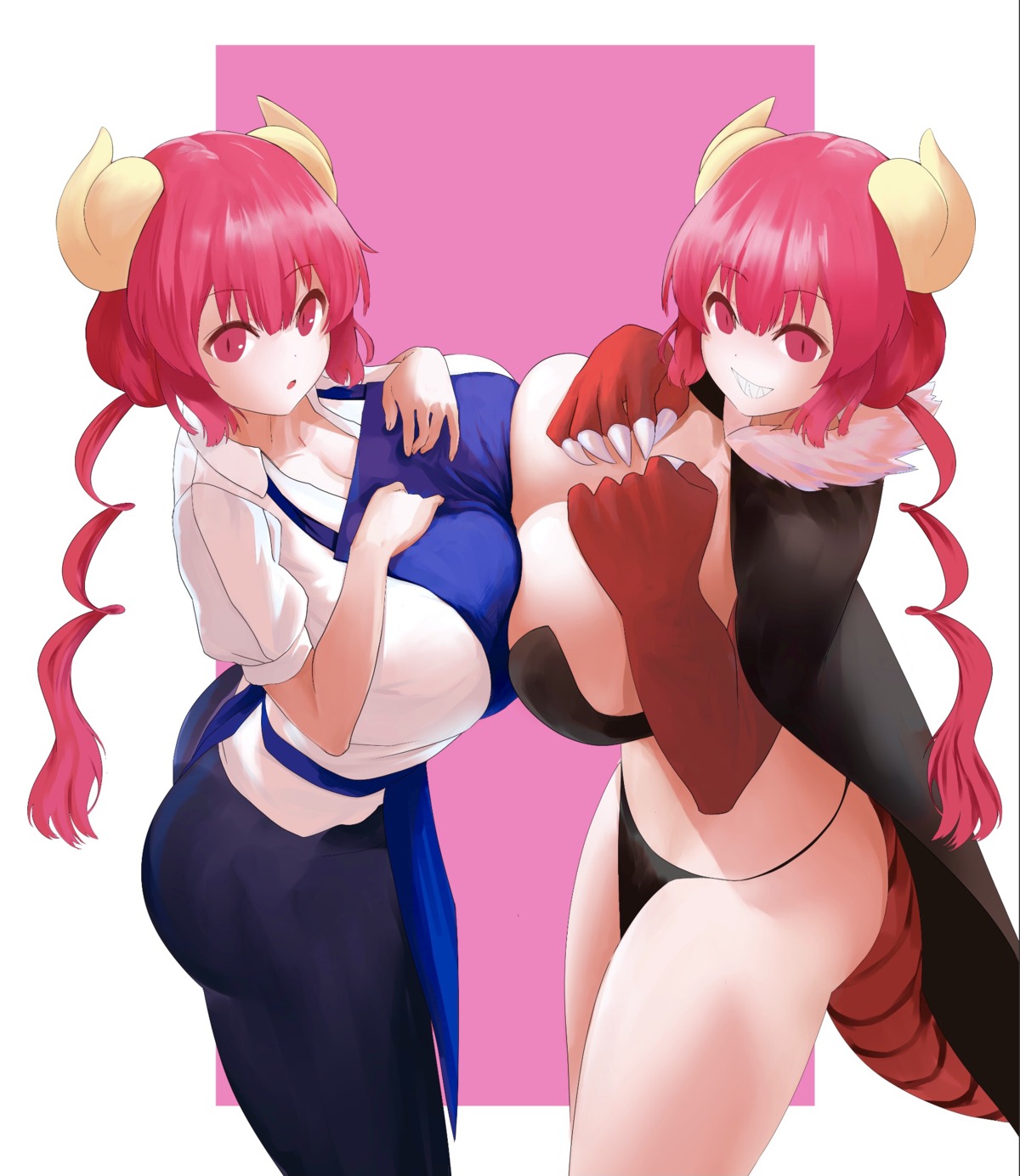 breast_hold horns ilulu kobayashi-san_chi_no_maid_dragon monster_girl no_bra symmetrical_docking tagme tail