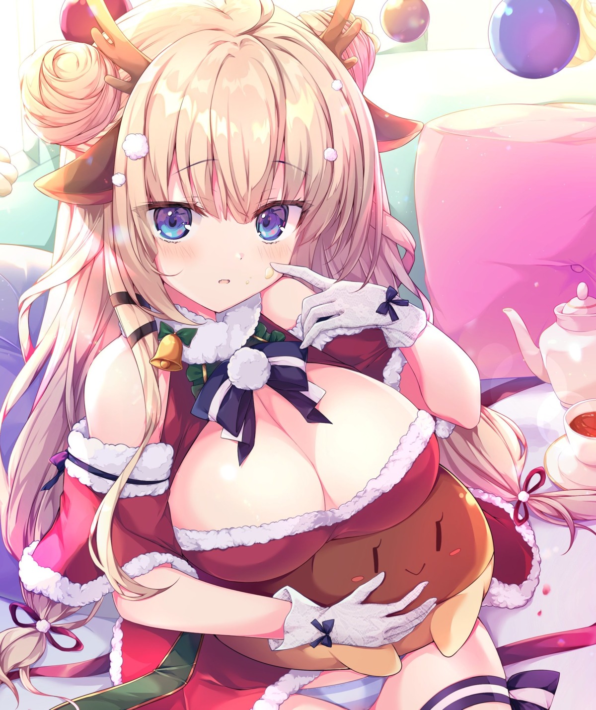 animal_ears breast_hold christmas cream dress garter horns kaniya_shiku no_bra pantsu shimapan skirt_lift