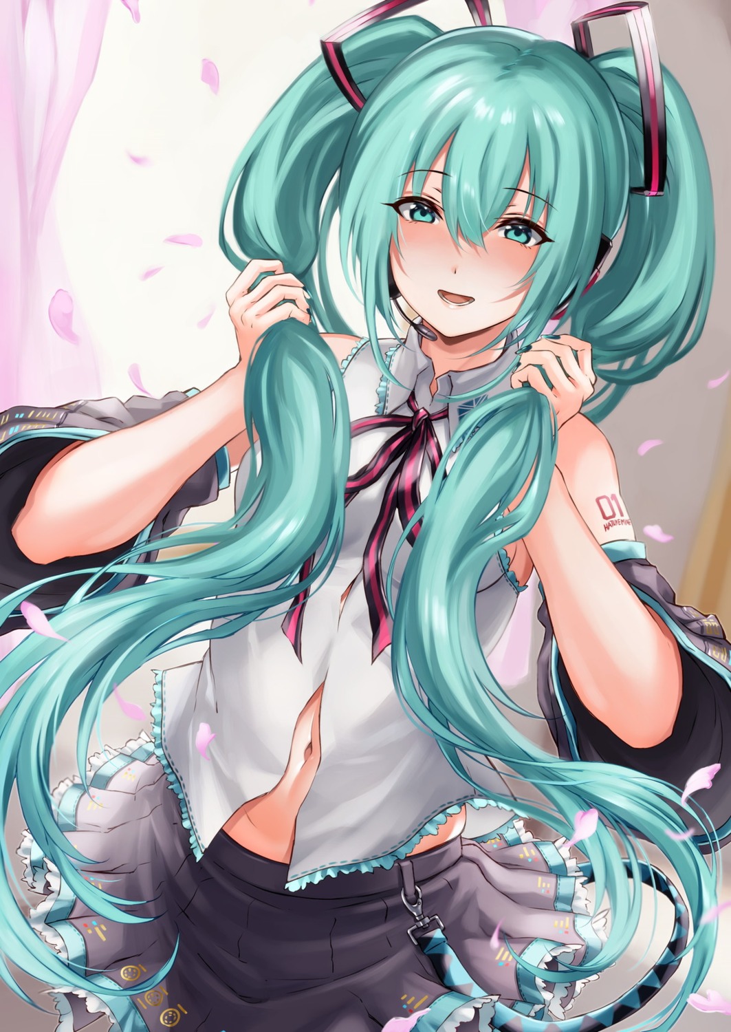 hatsune_miku headphones lzepiscc219 open_shirt skirt_lift tattoo vocaloid