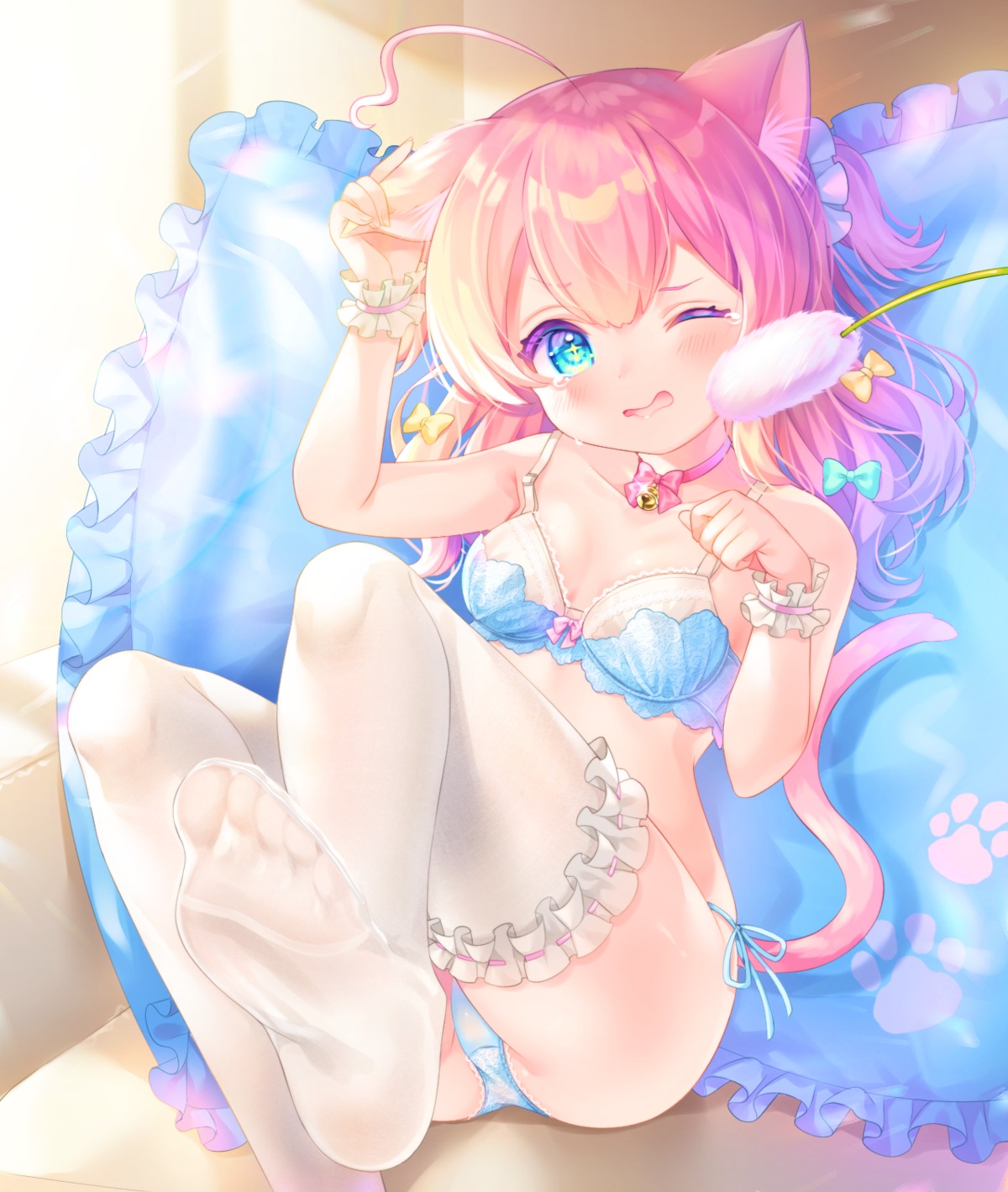 animal_ears bra cleavage feet komachi_pochi loli nekomimi pantsu string_panties tail thighhighs