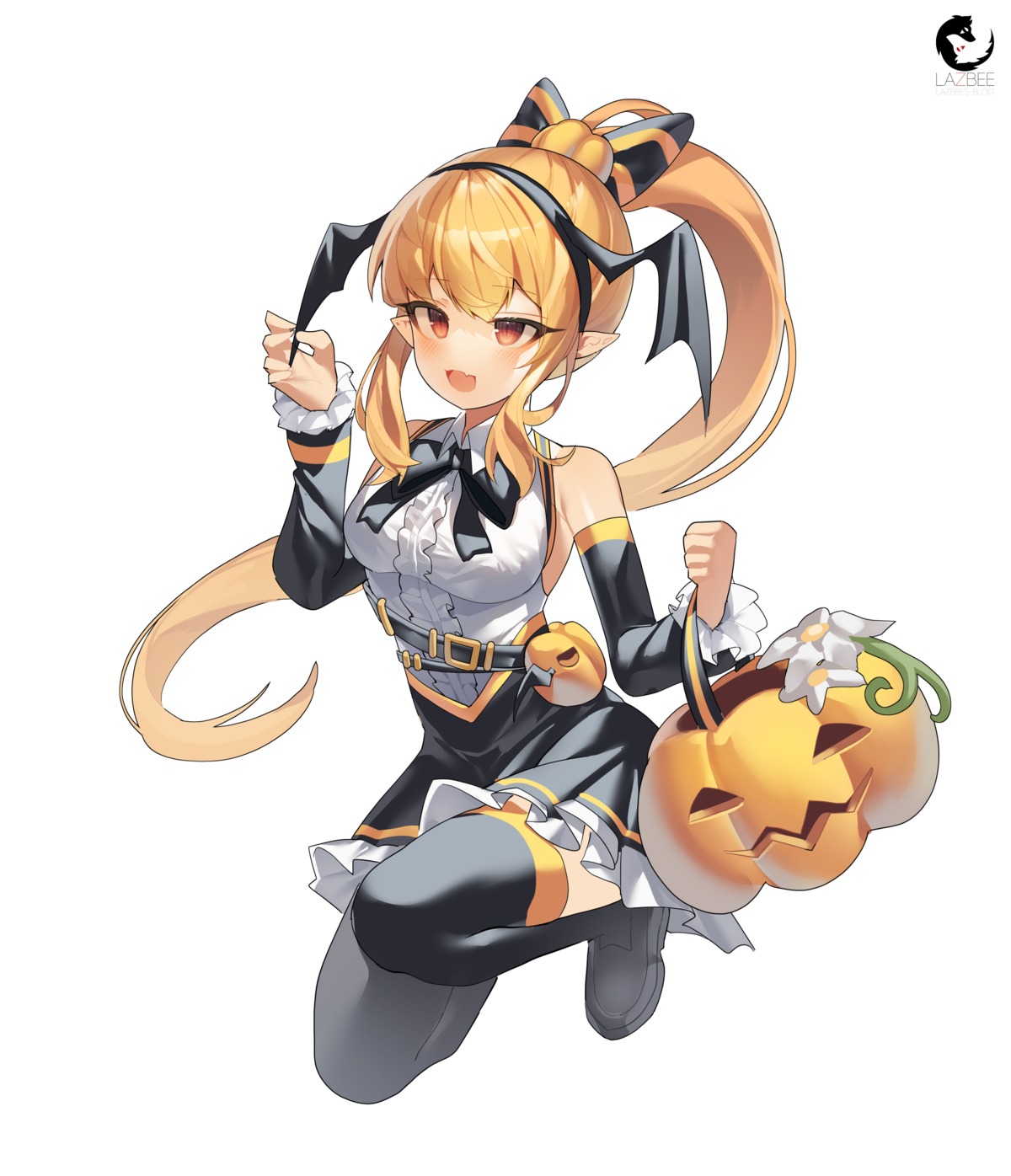 halloween lazbee pointy_ears skirt_lift thighhighs wings