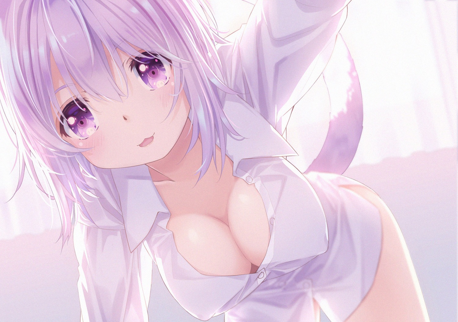 54hao cleavage dress_shirt erect_nipples hololive hololive_gamers nekomata_okayu no_bra open_shirt selfie tail