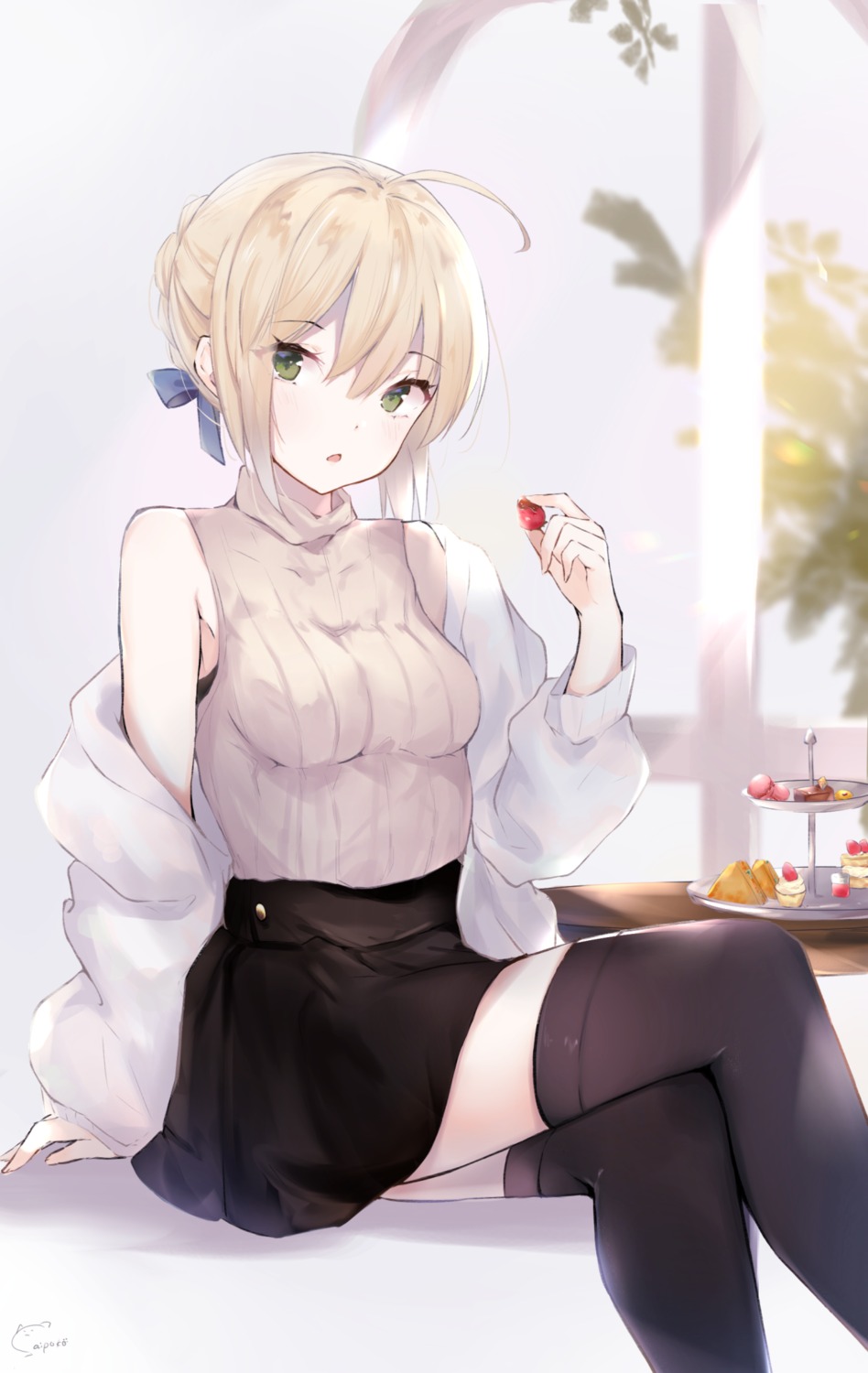 fate/grand_order fate/stay_night saber sai_(saipoko) skirt_lift sweater thighhighs