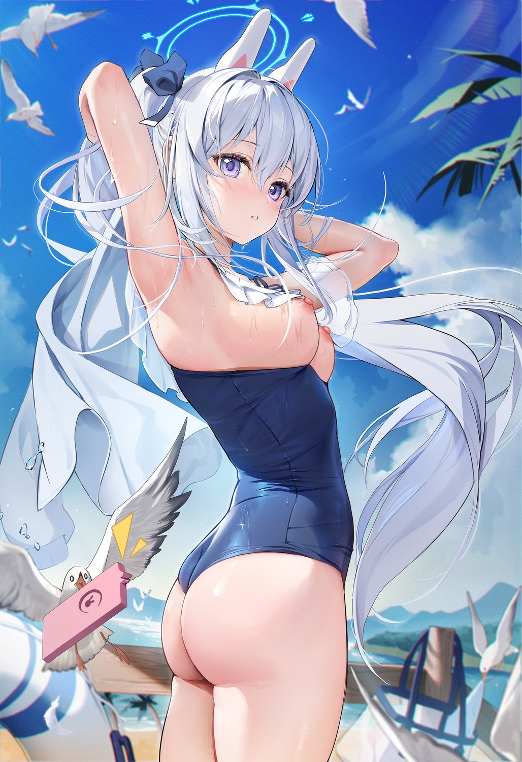 animal_ears ass blue_archive breasts bunny_ears halo houkisei nipples photoshop swimsuits tsukiyuki_miyako wardrobe_malfunction