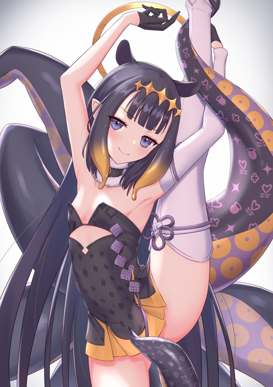 cocoablue23 hololive hololive_english ninomae_ina'nis no_bra pointy_ears skirt_lift tentacles thighhighs