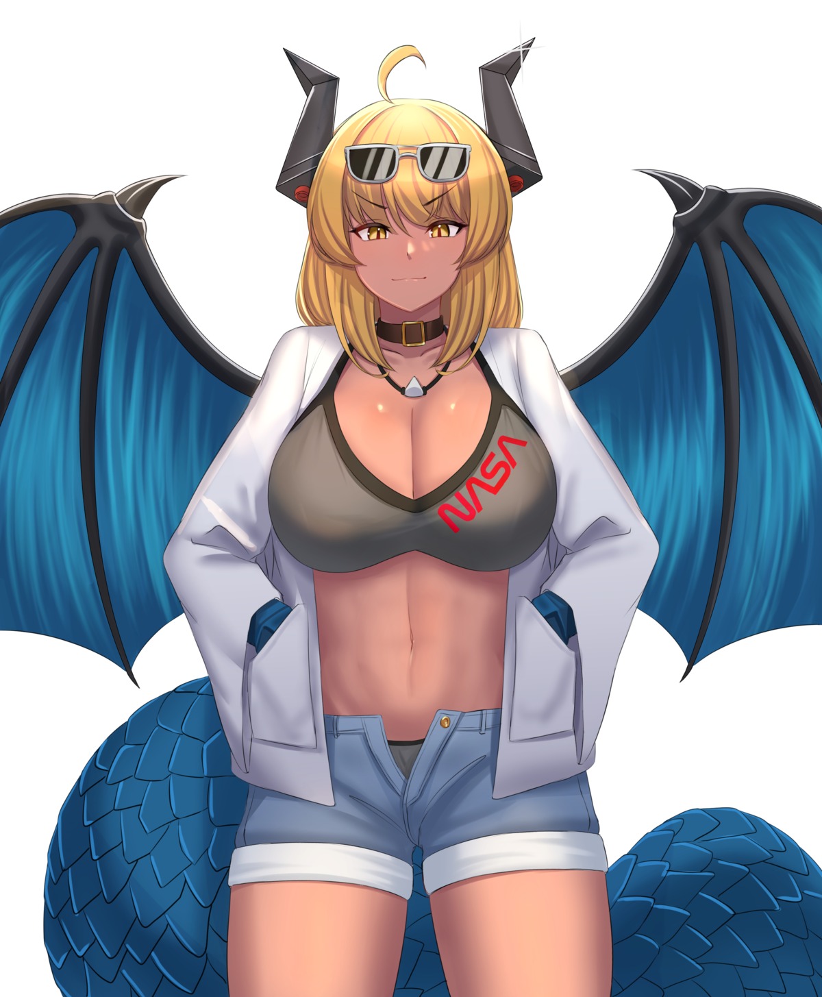 bikini horns kanta megane monster_girl open_shirt pointy_ears swimsuits tail wings