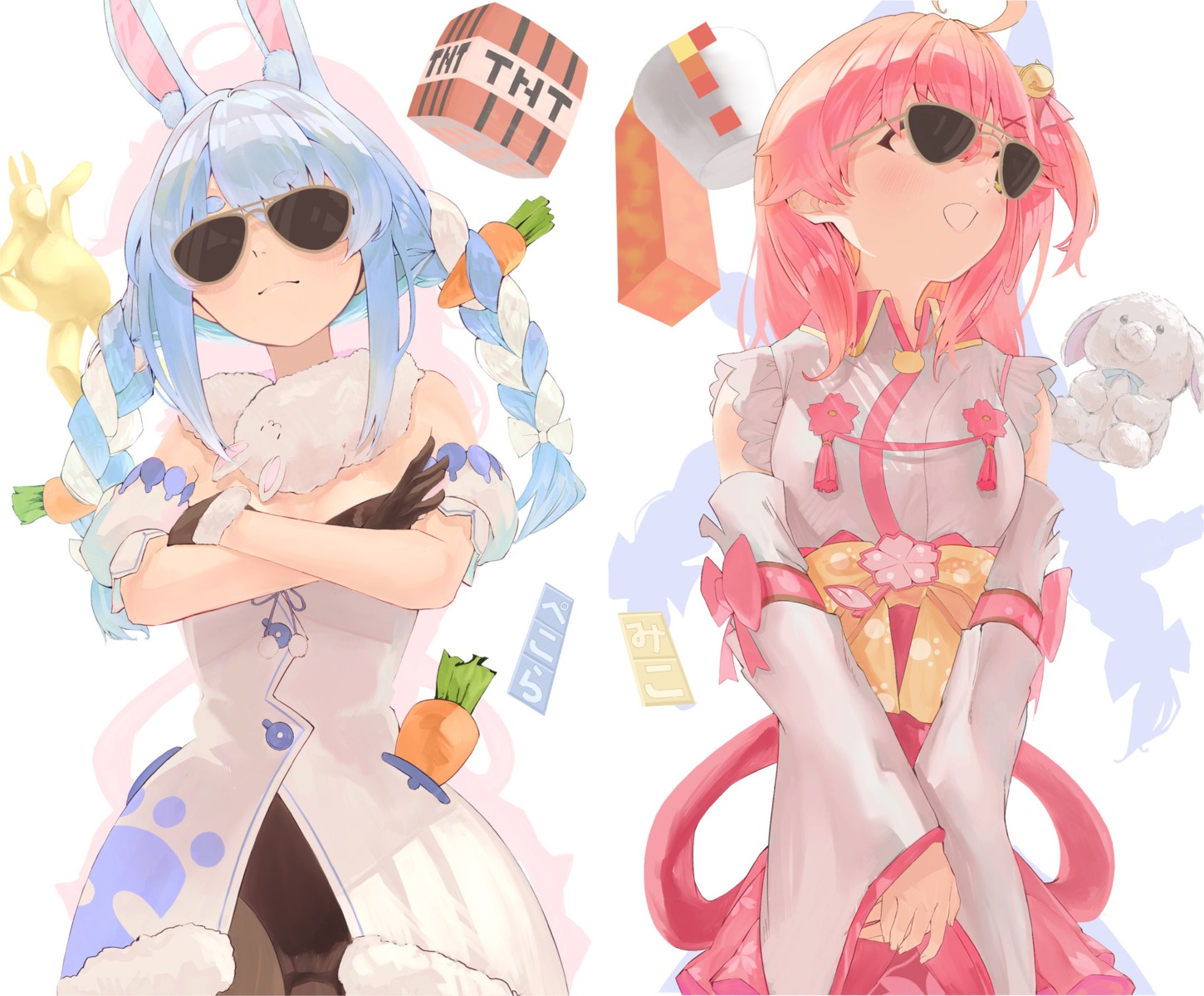 animal_ears bunny_ears bunny_girl cleavage dress hololive japanese_clothes kaoswald megane no_bra pantyhose sakura_miko usada_pekora