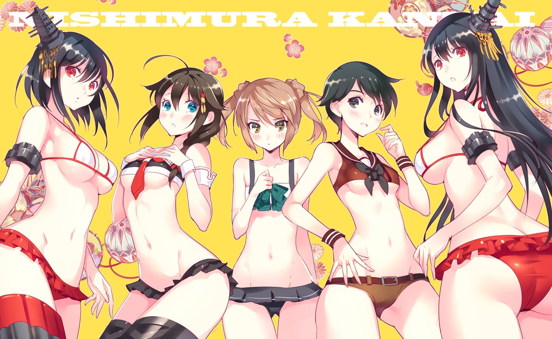 ass bikini cleavage erimo fusou_(kancolle) kantai_collection michishio_(kancolle) mogami_(kancolle) shigure_(kancolle) swimsuits thighhighs underboob yamashiro_(kancolle)