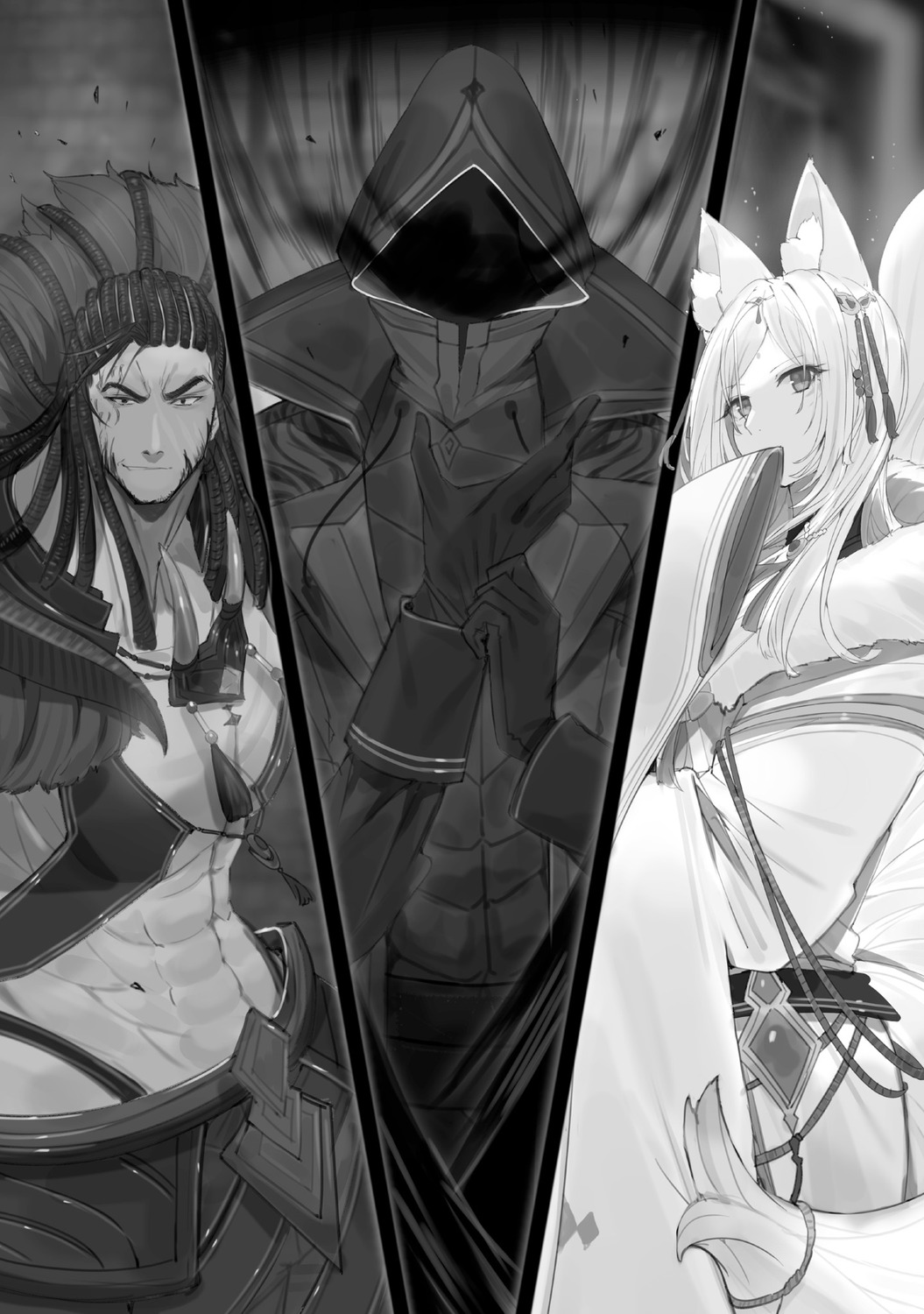 animal_ears cid_kagenou japanese_clothes kage_no_jitsuryokusha_ni_naritakute! kitsune monochrome tail touzai tyrant_(kagejitsu) yukime_(kagejitsu)