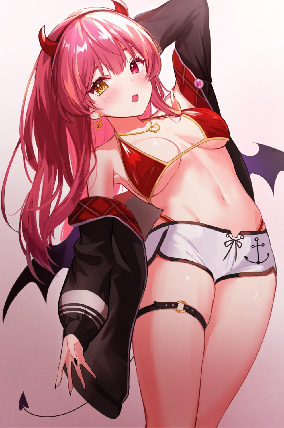 bikini devil garter heterochromia hololive horns houshou_marine kiki-yu open_shirt swimsuits tail wings