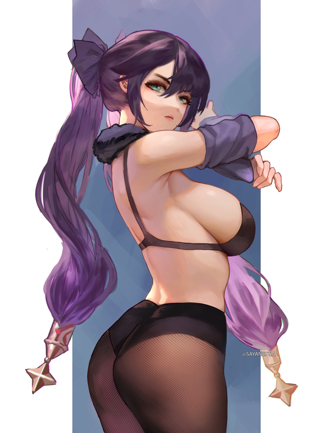 bra fishnets genshin_impact mona_megistus pantsu pantyhose sayanestia undressing