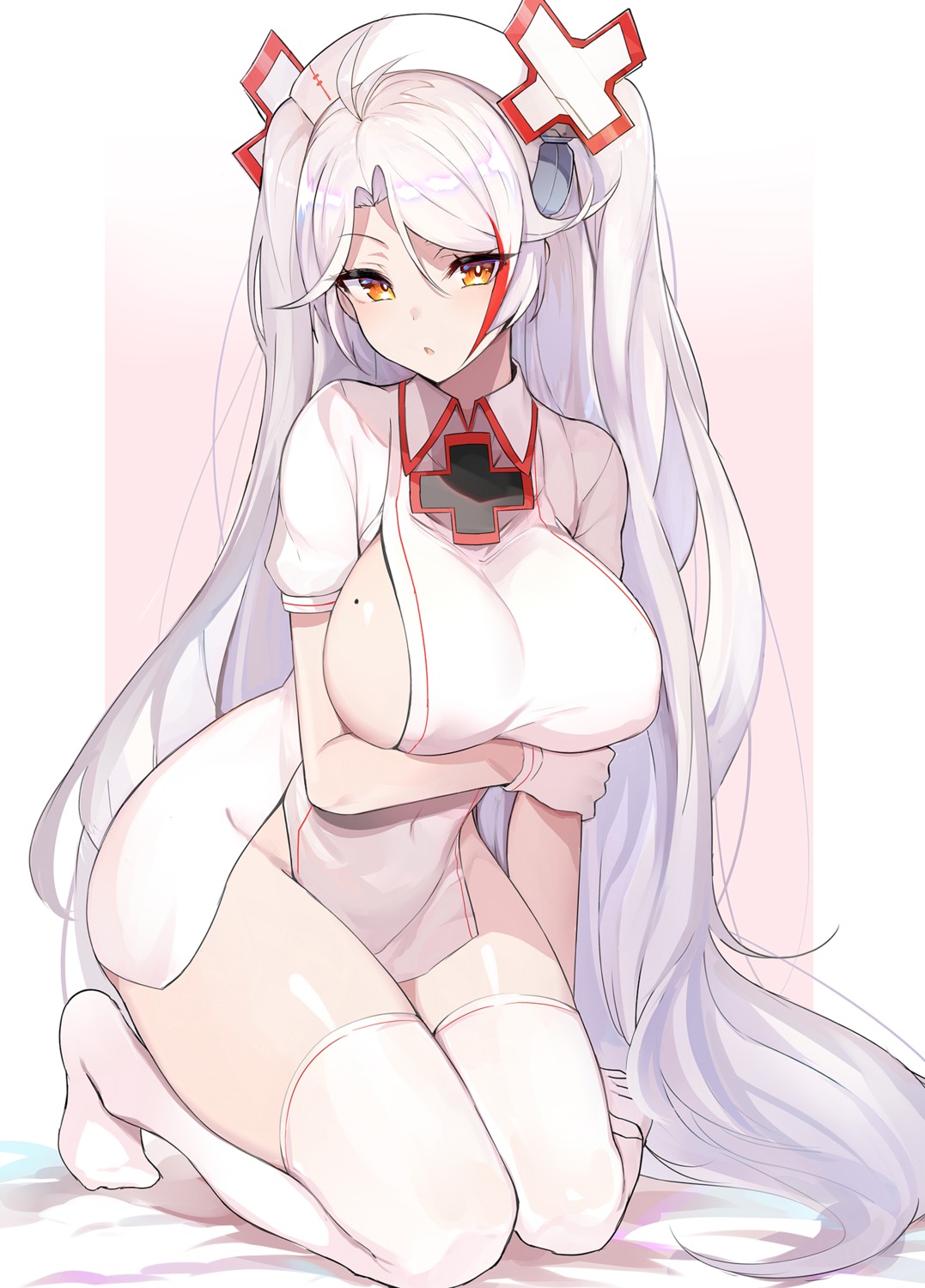 azur_lane breast_hold erect_nipples mengda no_bra nopan nurse prinz_eugen_(azur_lane) thighhighs