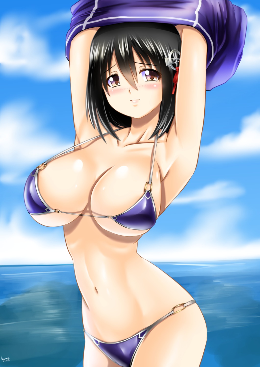 bikini haguro_(kancolle) kantai_collection kogawa_waki shirt_lift swimsuits undressing uniform