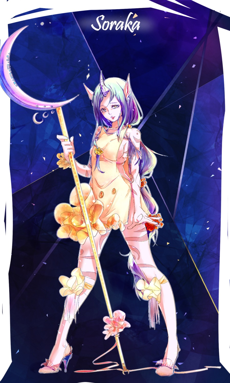 animal_ears dress heels horns league_of_legends no_bra soraka tattoo weapon xiao_jian