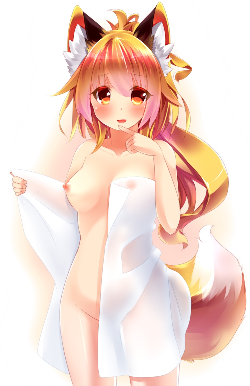 animal_ears autumn_dawn kitsune naked nipples tail towel