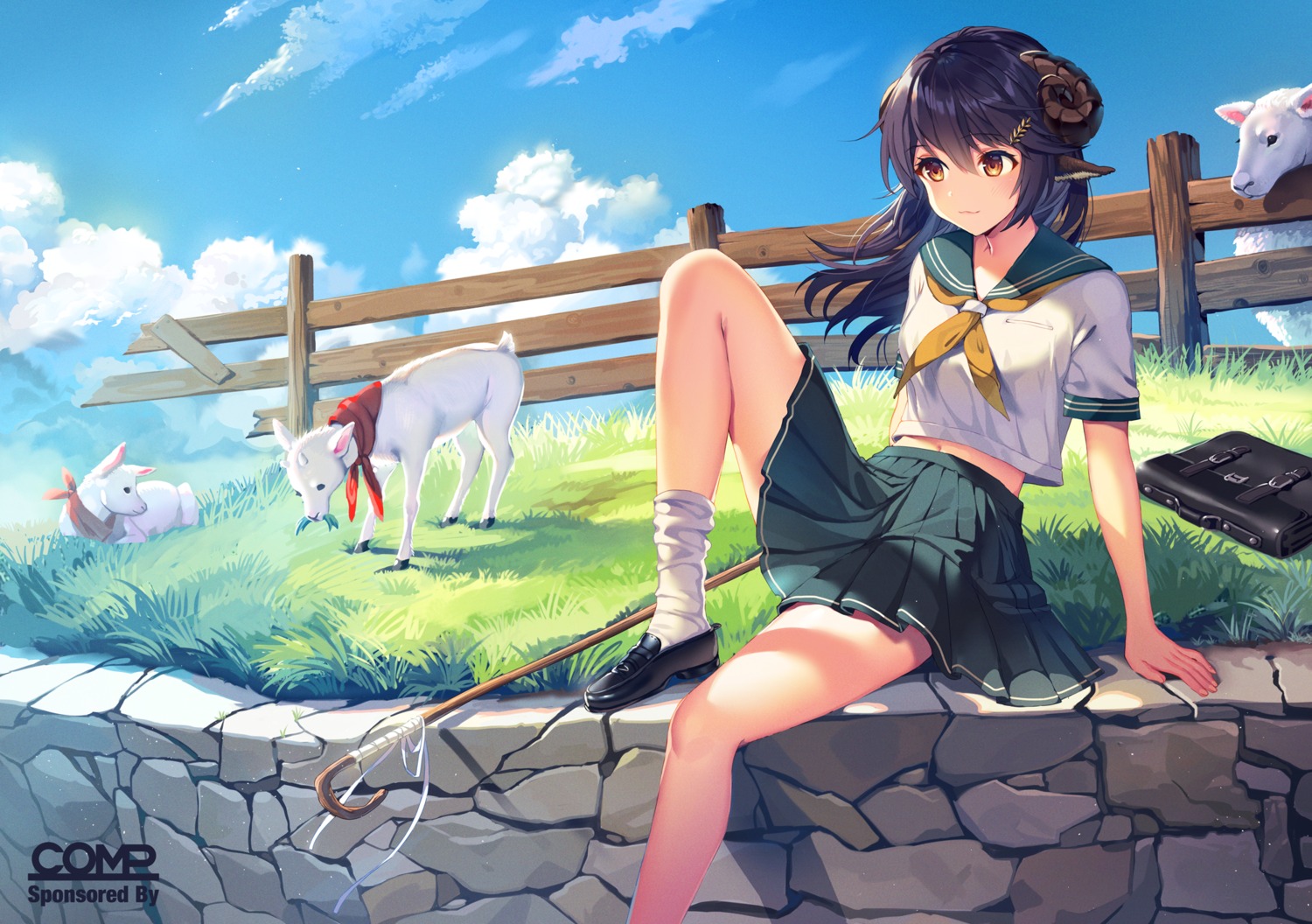 animal_ears horns satchely seifuku skirt_lift