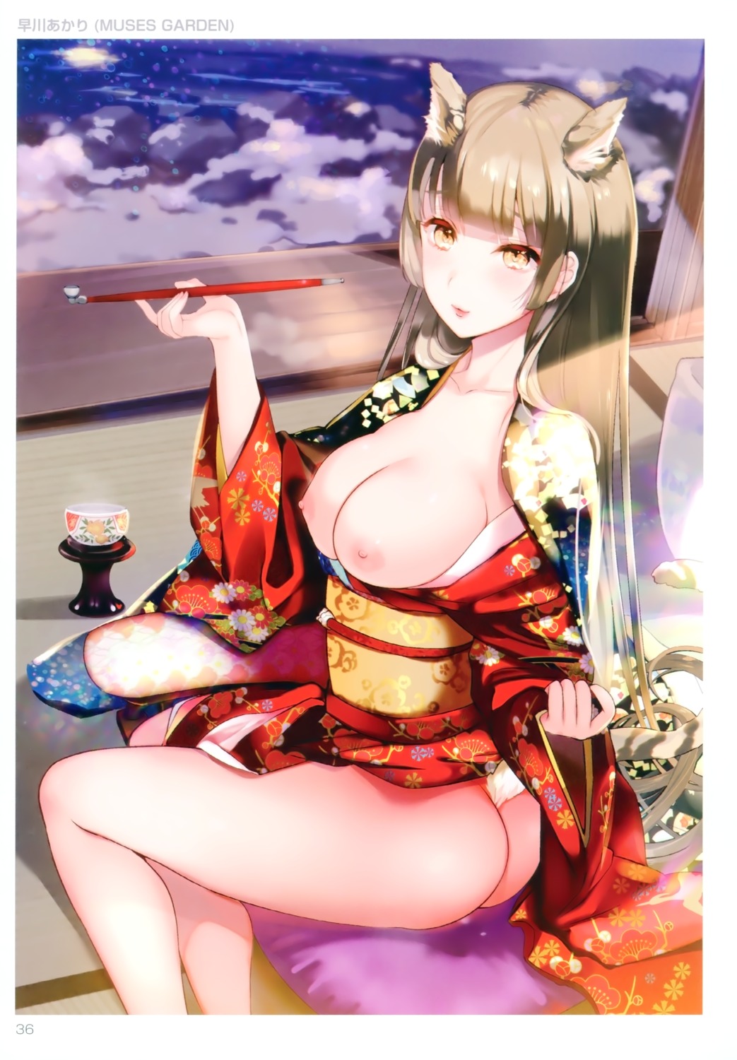 animal_ears ass breasts hayakawa_akari kimono nipples no_bra nopan open_shirt skirt_lift tail toranoana