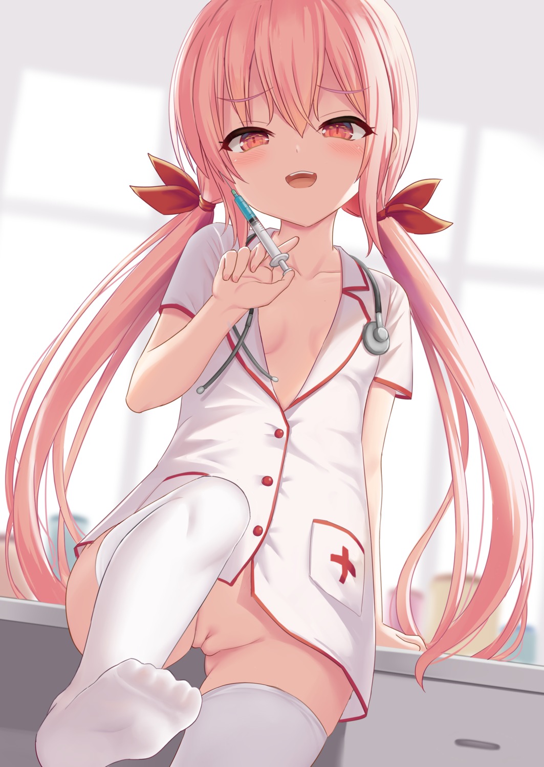 feet loli milkshake_(artist) no_bra nopan nurse open_shirt pussy thighhighs uncensored