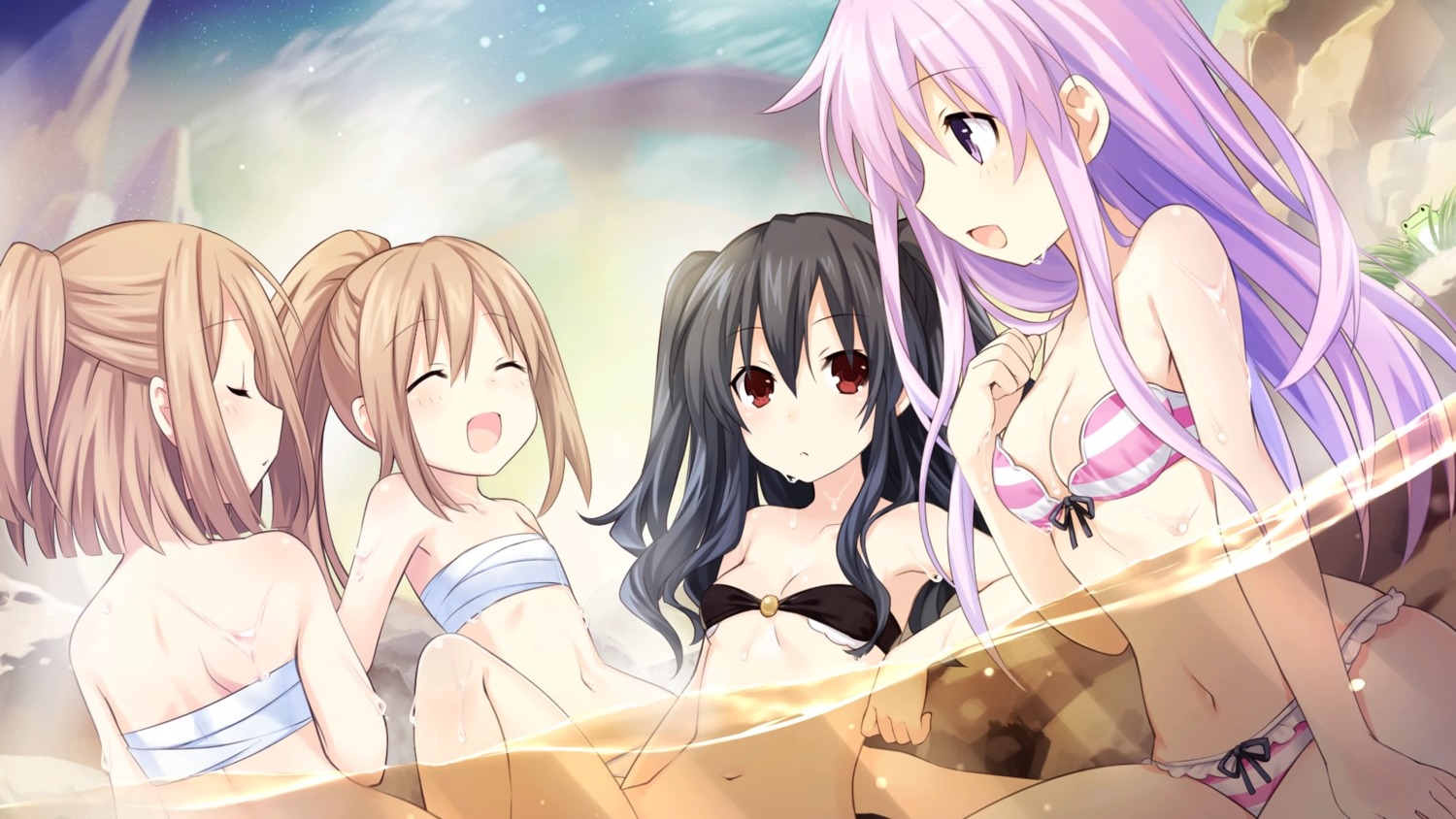 bathing bikini choujigen_game_neptune cleavage game_cg nepgear onsen pantsu ram_(choujigen_game_neptune) rom_(choujigen_game_neptune) sarashi swimsuits tsunako uni_(choujigen_game_neptune) wet