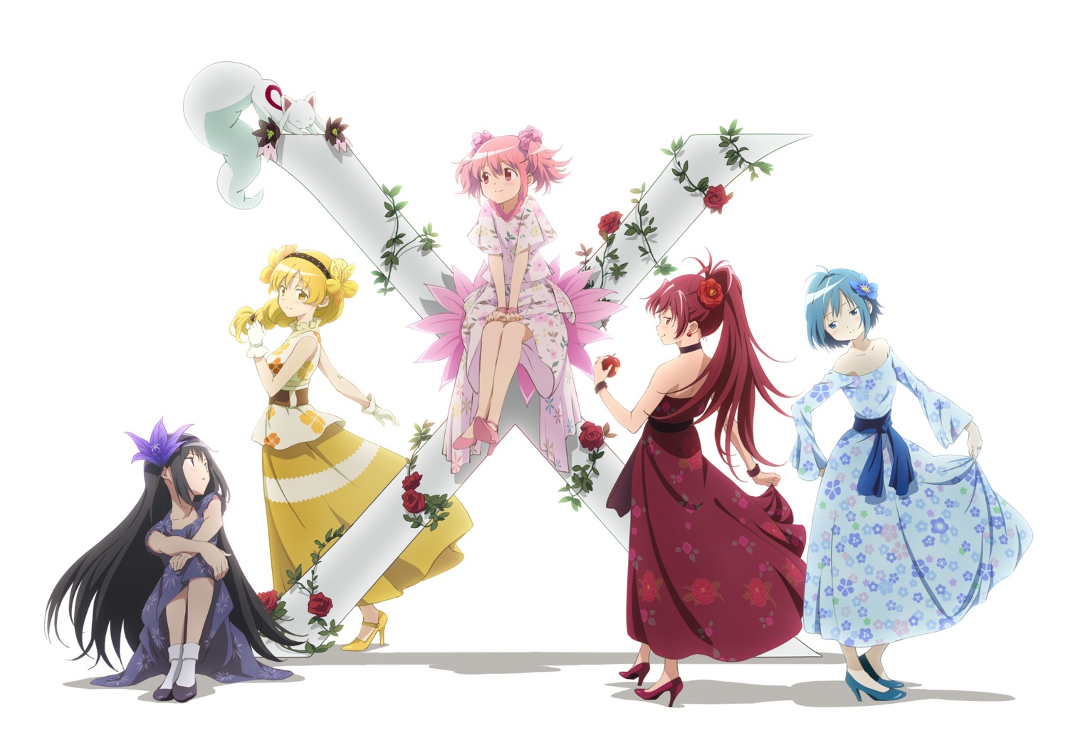 akemi_homura dress heels kaname_madoka miki_sayaka no_bra puella_magi_madoka_magica sakura_kyouko skirt_lift taniguchi_junichirou tomoe_mami