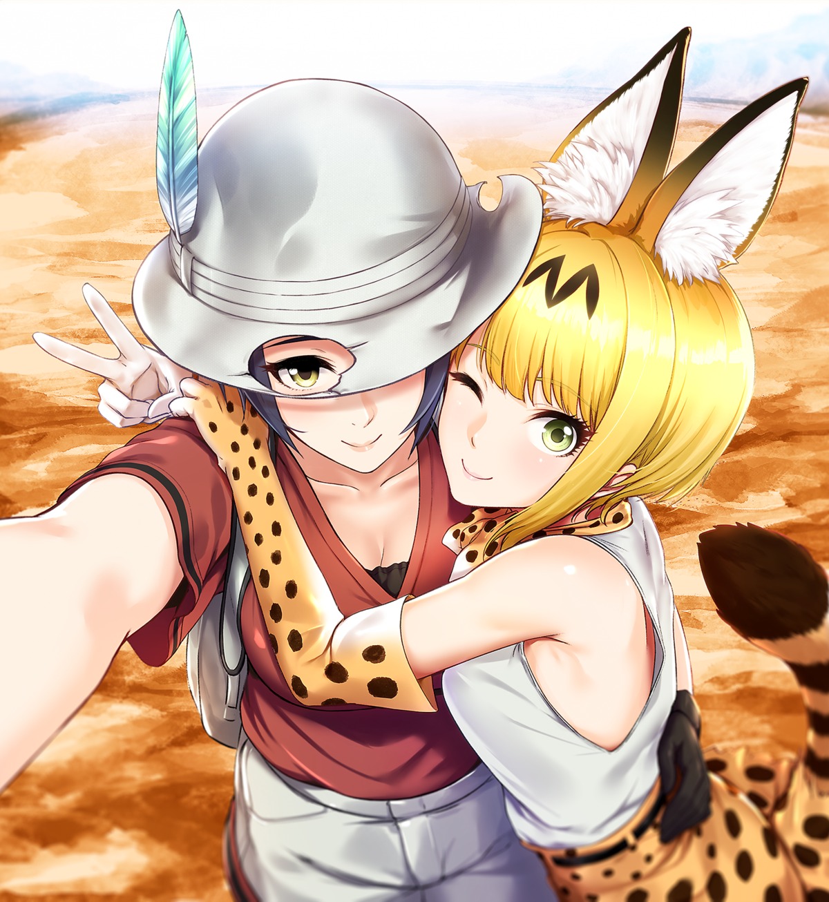 animal_ears cleavage cosplay hayami_kanade infinote kaban_(kemono_friends) kemono_friends miyamoto_frederica serval tail the_idolm@ster the_idolm@ster_cinderella_girls