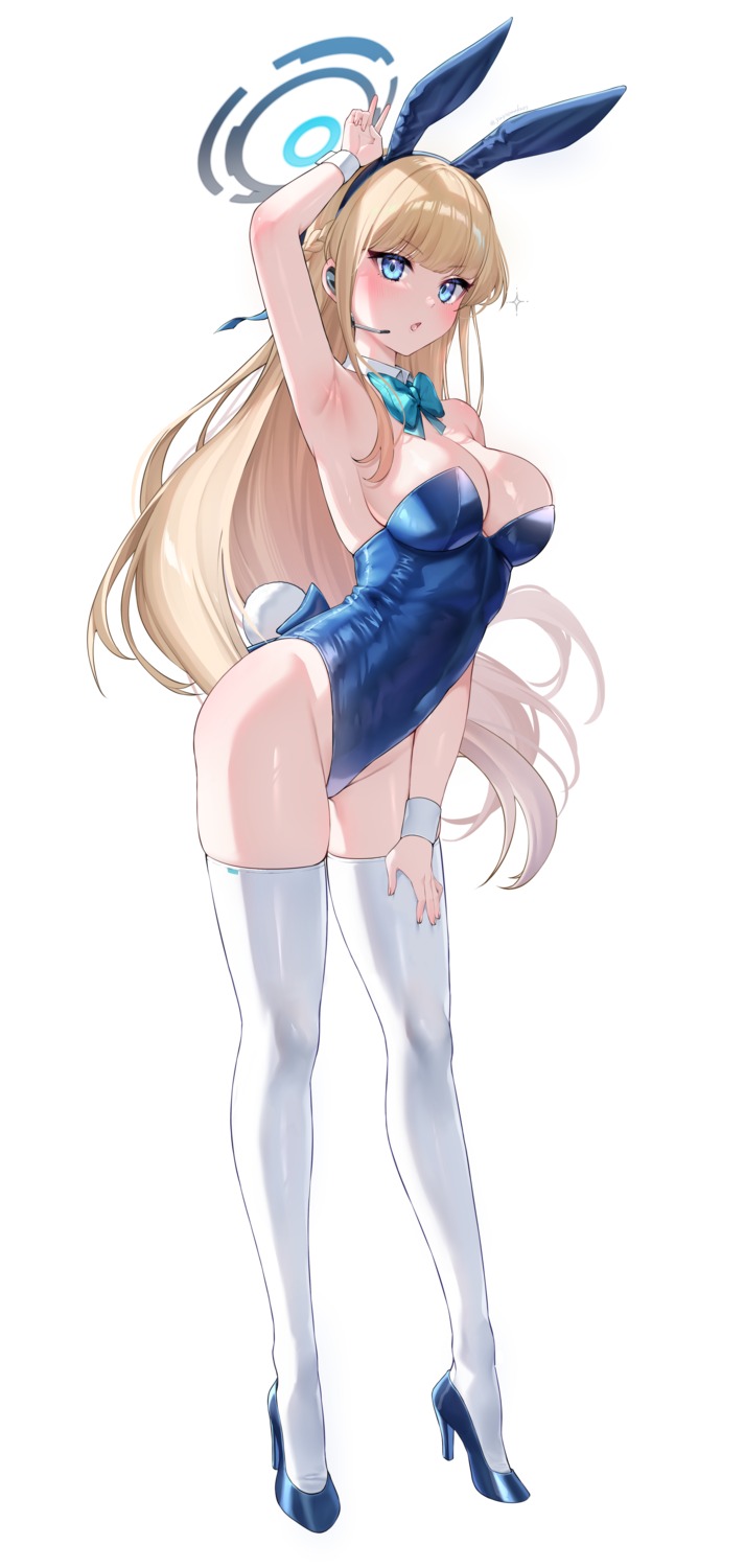 animal_ears asuma_toki blue_archive bunny_ears bunny_girl halo heels no_bra tail thighhighs yayoi_maka