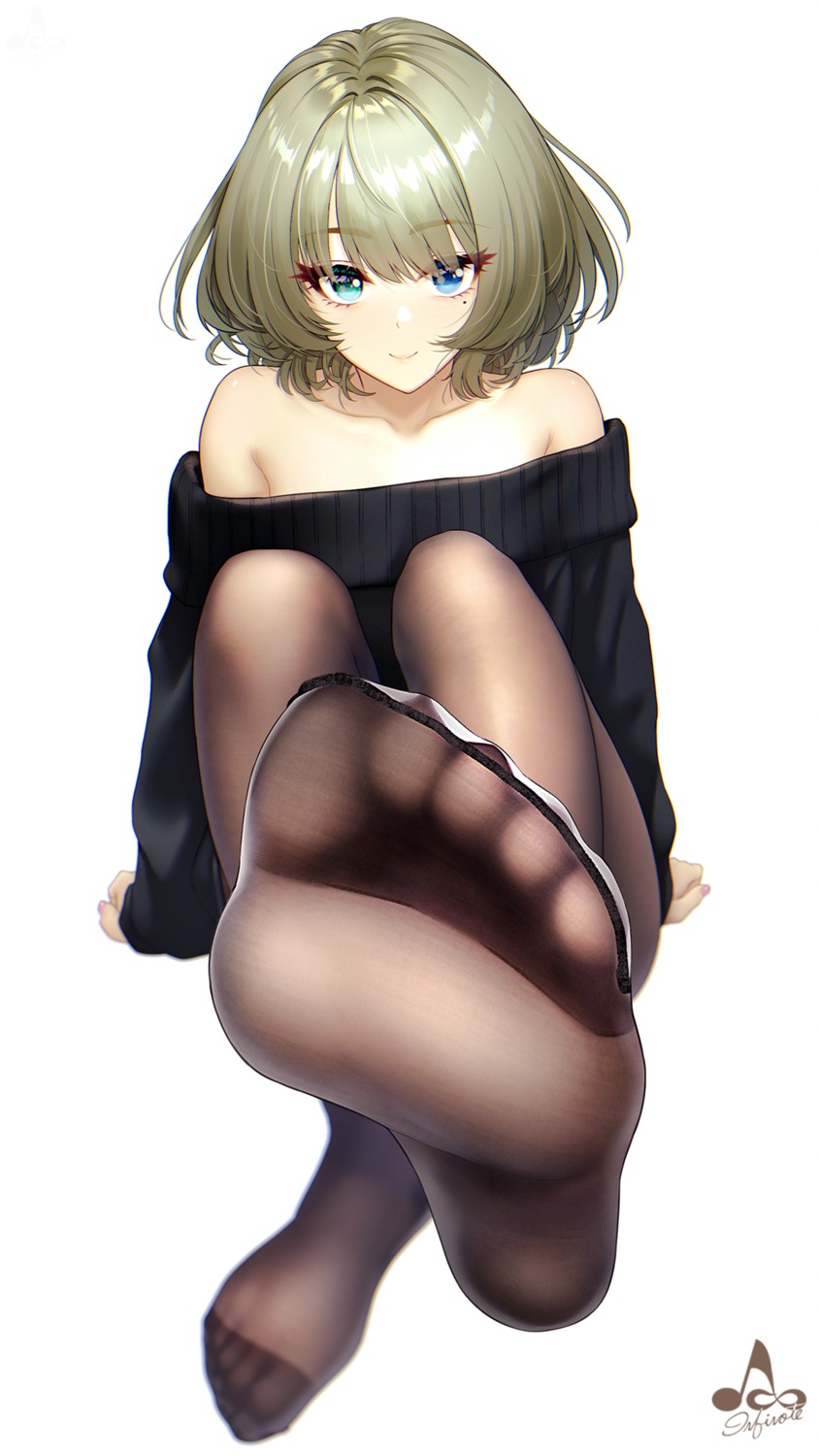 feet heterochromia infinote no_bra pantyhose sweater takagaki_kaede the_idolm@ster the_idolm@ster_cinderella_girls