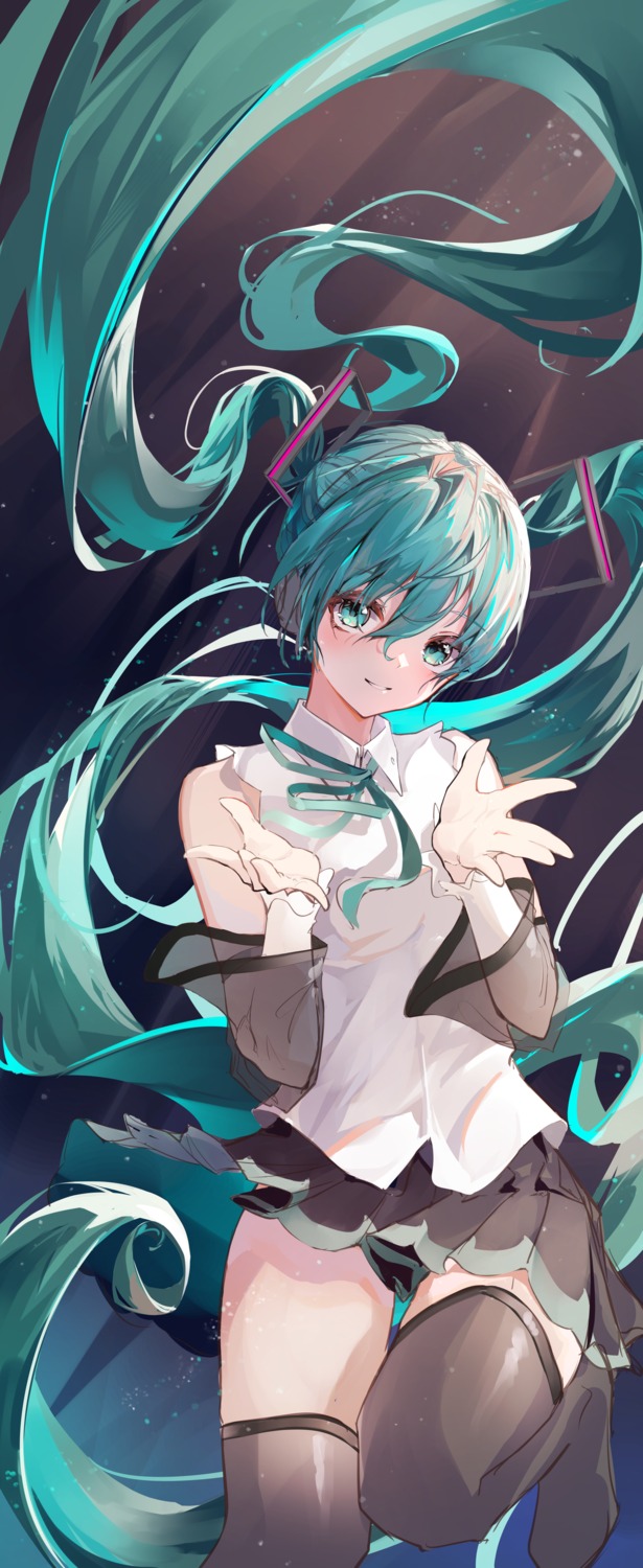 hatsune_miku headphones skirt_lift tagme thighhighs vocaloid