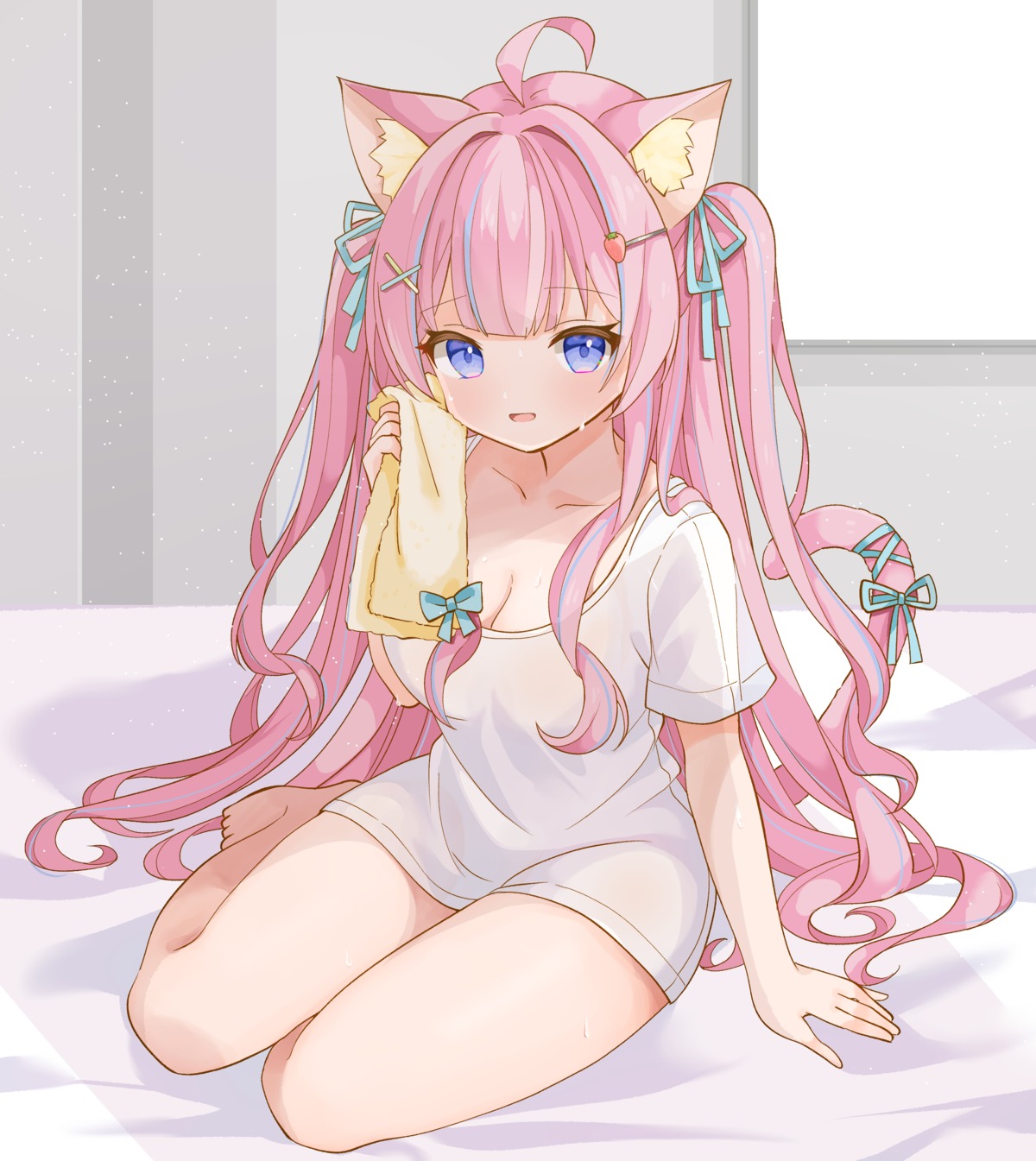 animal_ears cleavage indie_virtual_youtuber itigori_ena nekomimi saekiya_sabou tail towel