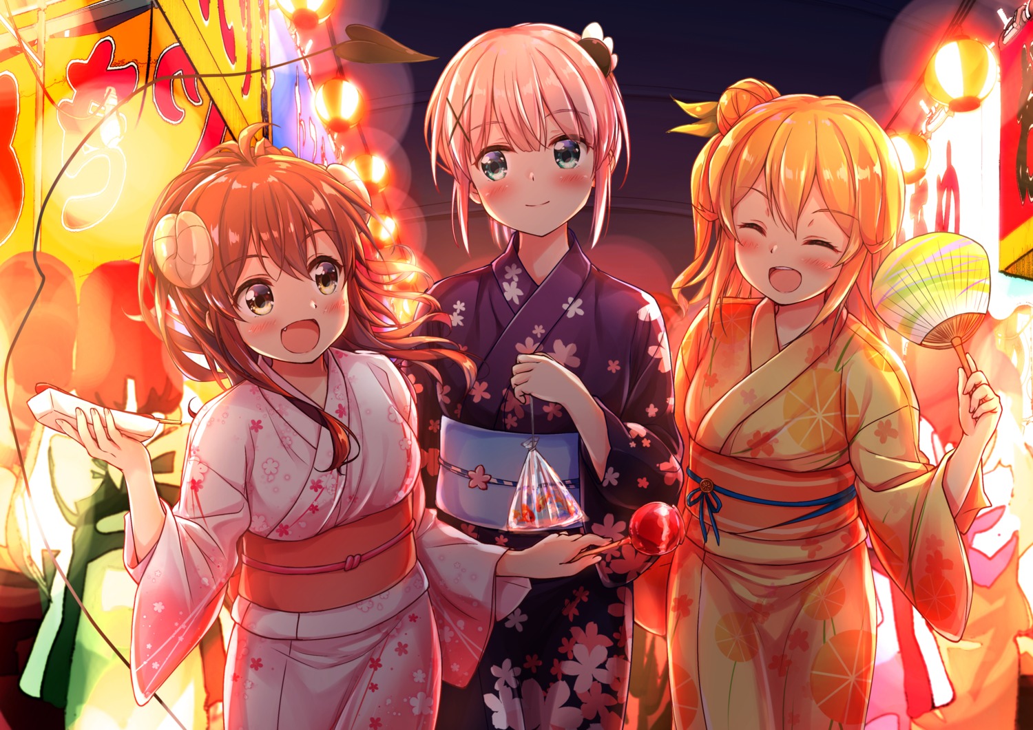 chiyoda_momo hinatsuki_mikan horns machikado_mazoku tail uneune yoshida_yuuko_(machikado_mazoku) yukata