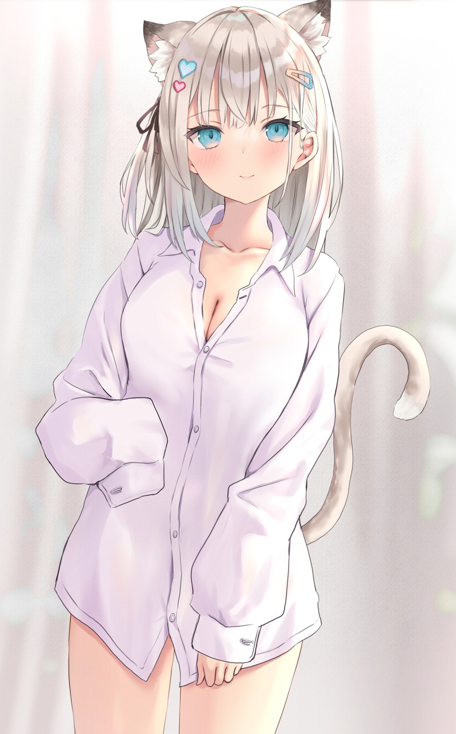 akino_ell animal_ears cleavage dress_shirt nekomimi tail