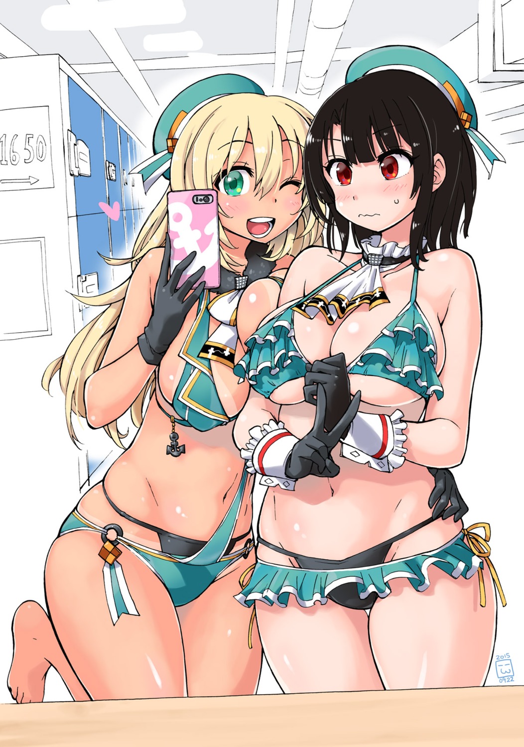 atago_(kancolle) bikini cleavage kantai_collection nekoguchi swimsuits takao_(kancolle) tan_lines underboob