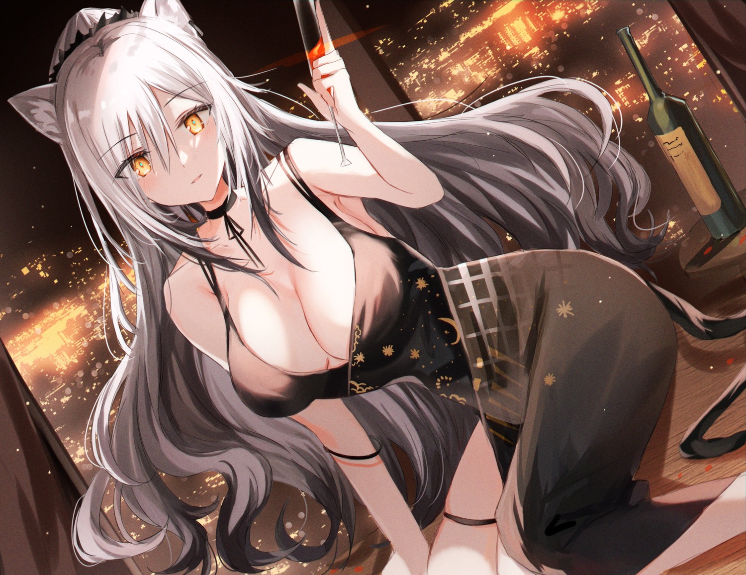 animal_ears arknights cleavage dress garter kinona nekomimi no_bra schwarz_(arknights) tail