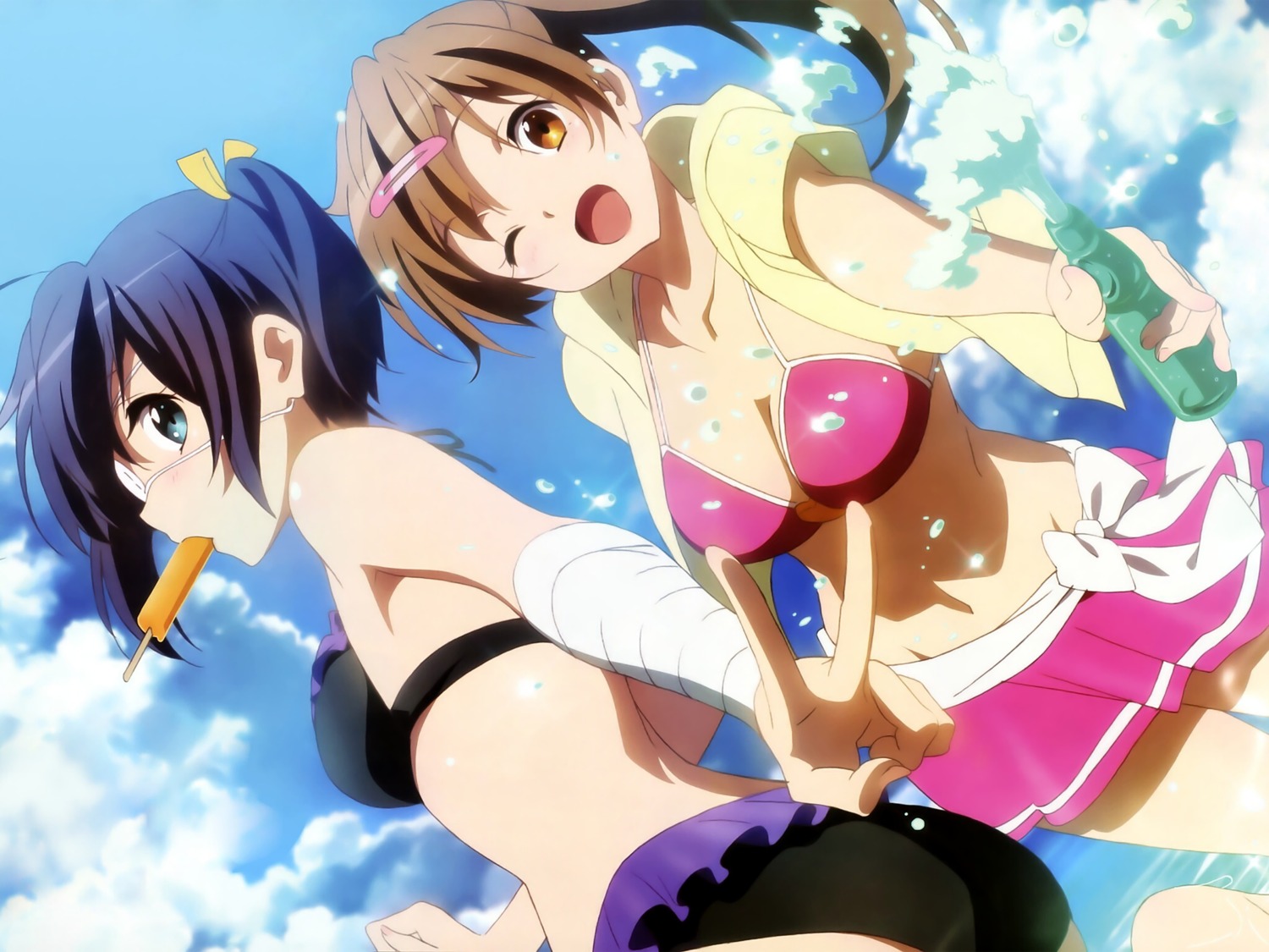 bandages bikini chuunibyou_demo_koi_ga_shitai! cleavage eyepatch makita_masaya nibutani_shinka swimsuits takanashi_rikka