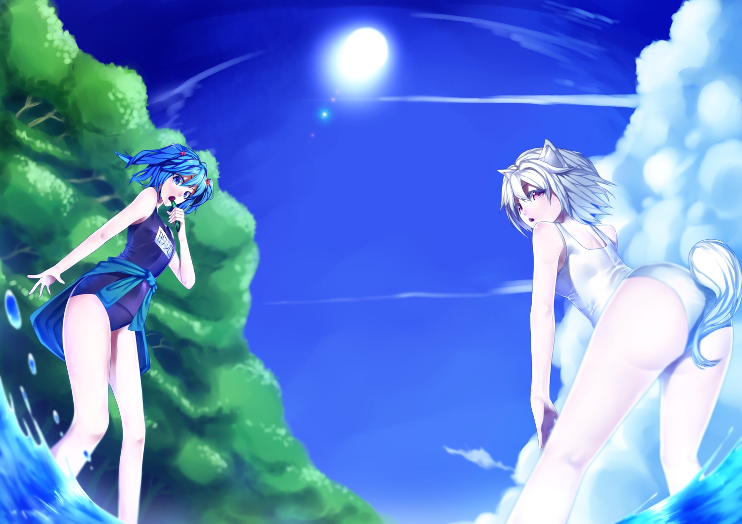 animal_ears ass inubashiri_momiji kawashiro_nitori landscape school_swimsuit swimsuits tail touhou u_u_zan wet