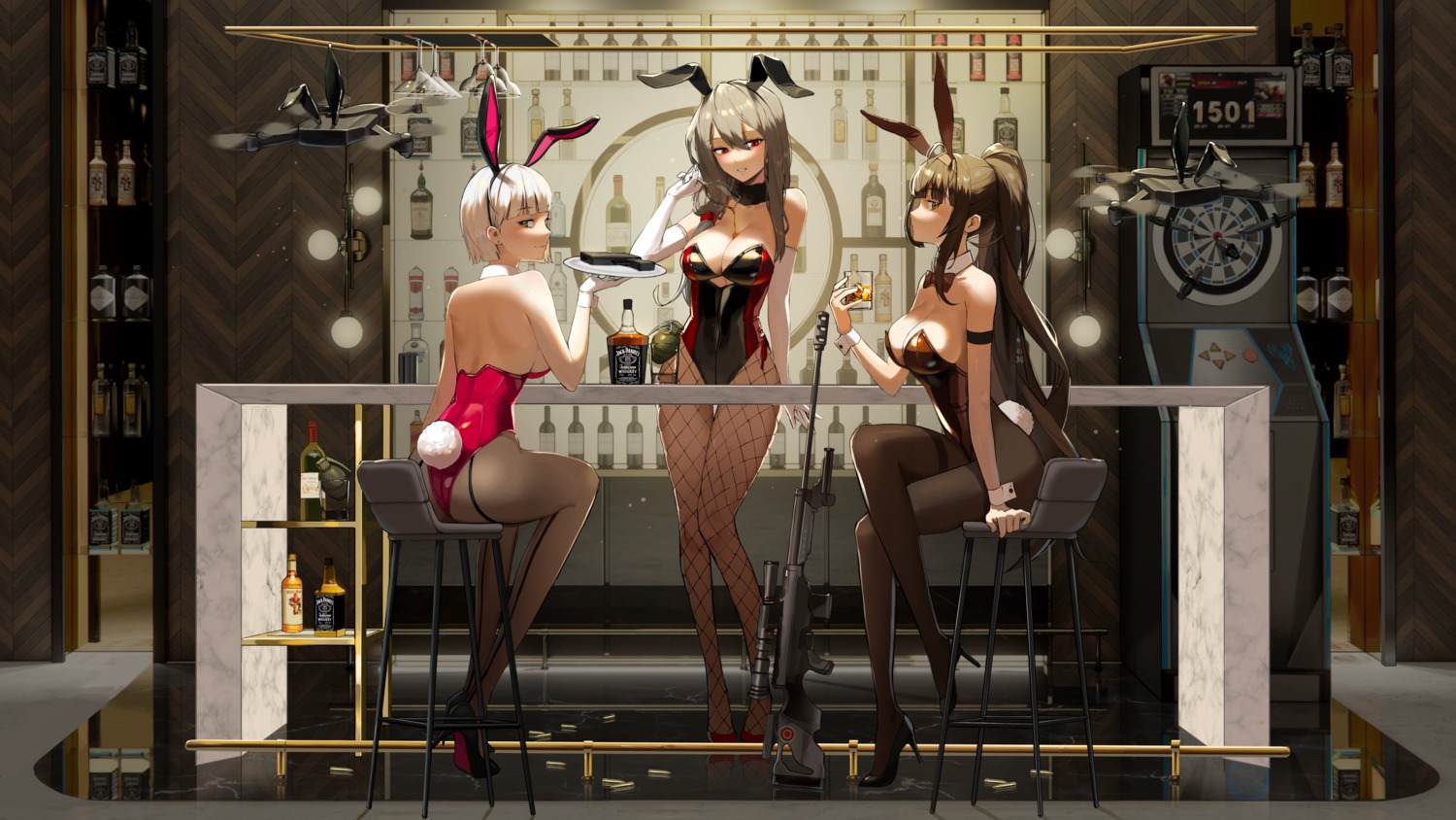 animal_ears ass bodiedwile bunny_ears bunny_girl fishnets gun heels no_bra pantyhose tail