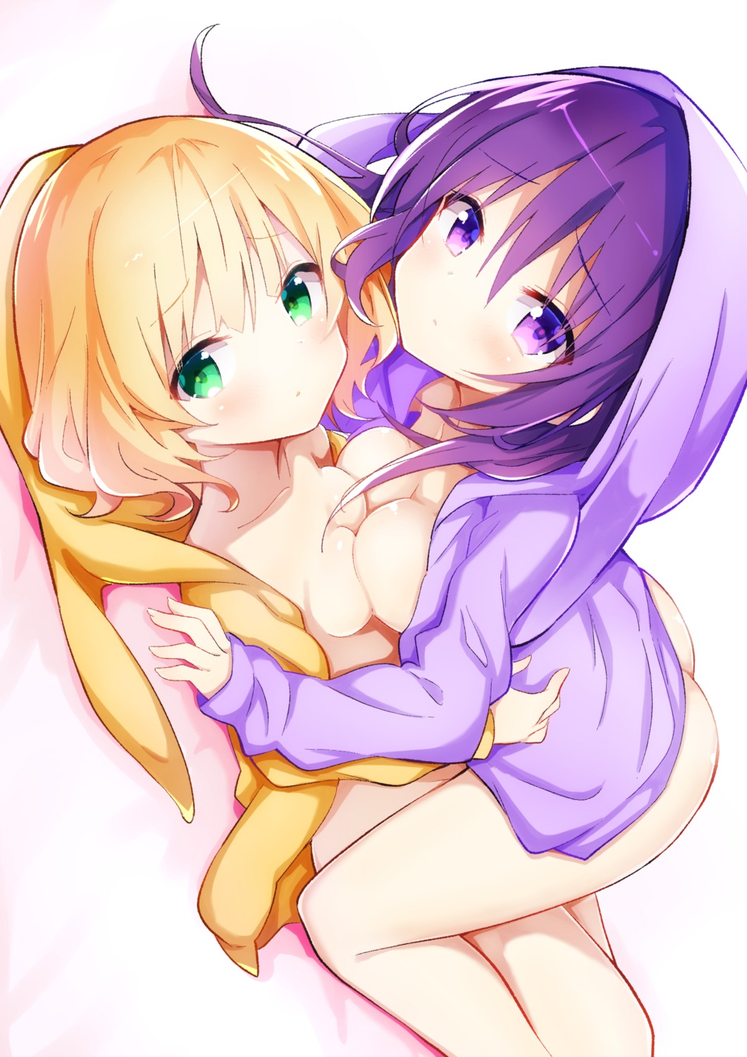 ass bottomless breasts gochuumon_wa_usagi_desu_ka? kirima_sharo nanakusa_(user_rnpt7322) no_bra open_shirt symmetrical_docking tedeza_rize