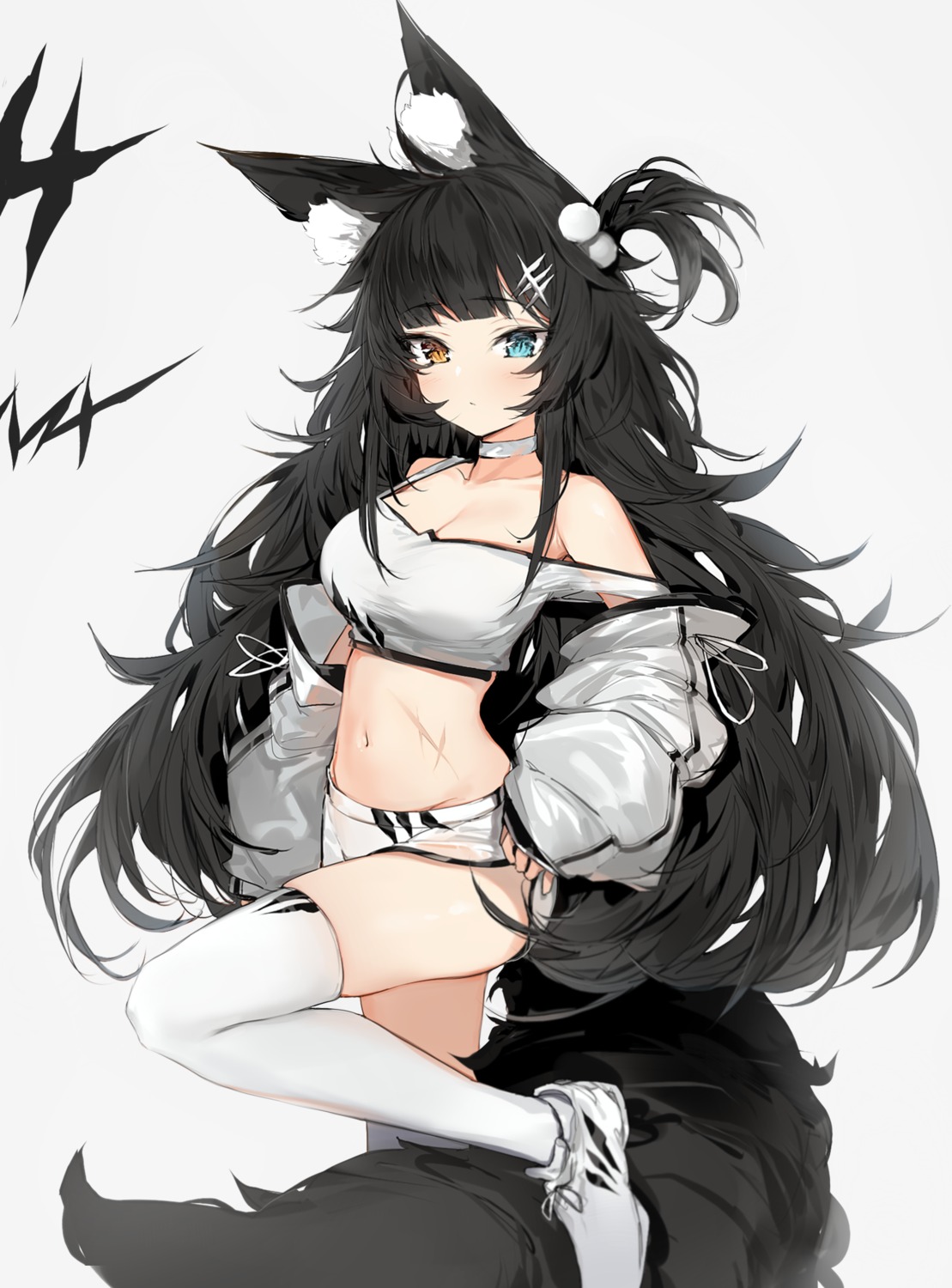 animal_ears cleavage heterochromia silver_(chenwen) tail thighhighs