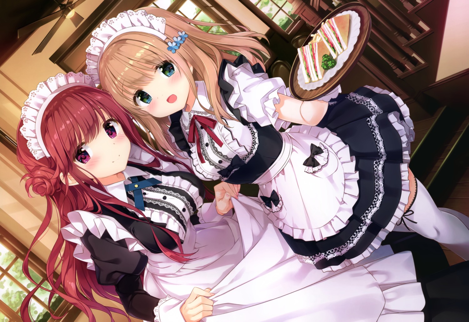 kimishima_ao maid momoi_saki shirayuri_riko skirt_lift thighhighs waitress