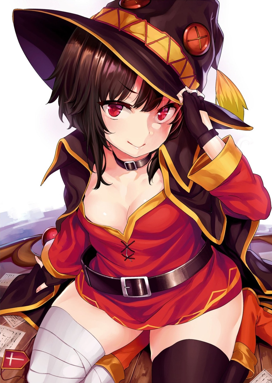 bandages cleavage dress kono_subarashii_sekai_ni_shukufuku_wo! megumin no_bra open_shirt shiokonbu skirt_lift thighhighs witch