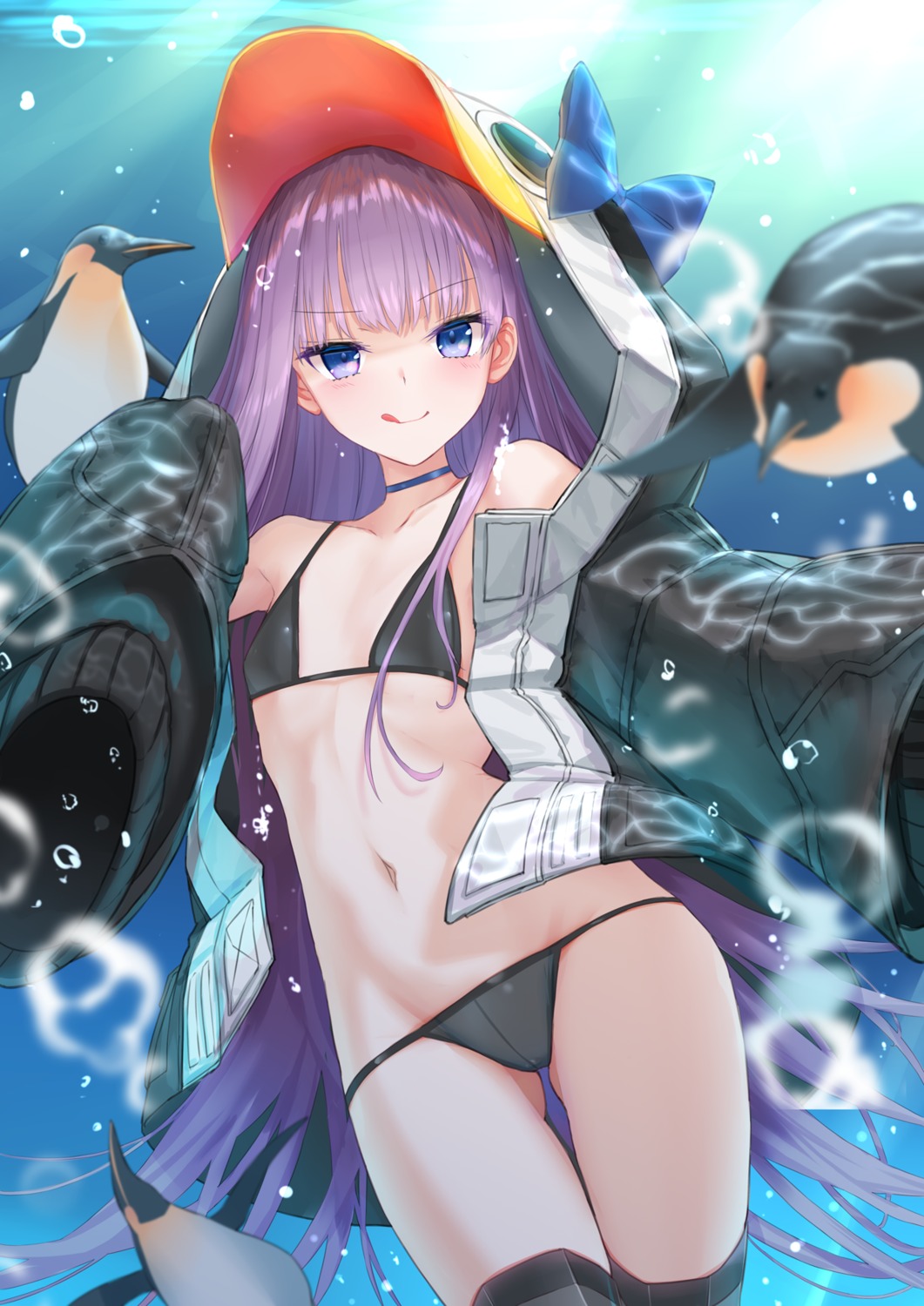 bikini fate/grand_order kachiyori meltryllis open_shirt penguin swimsuits thighhighs