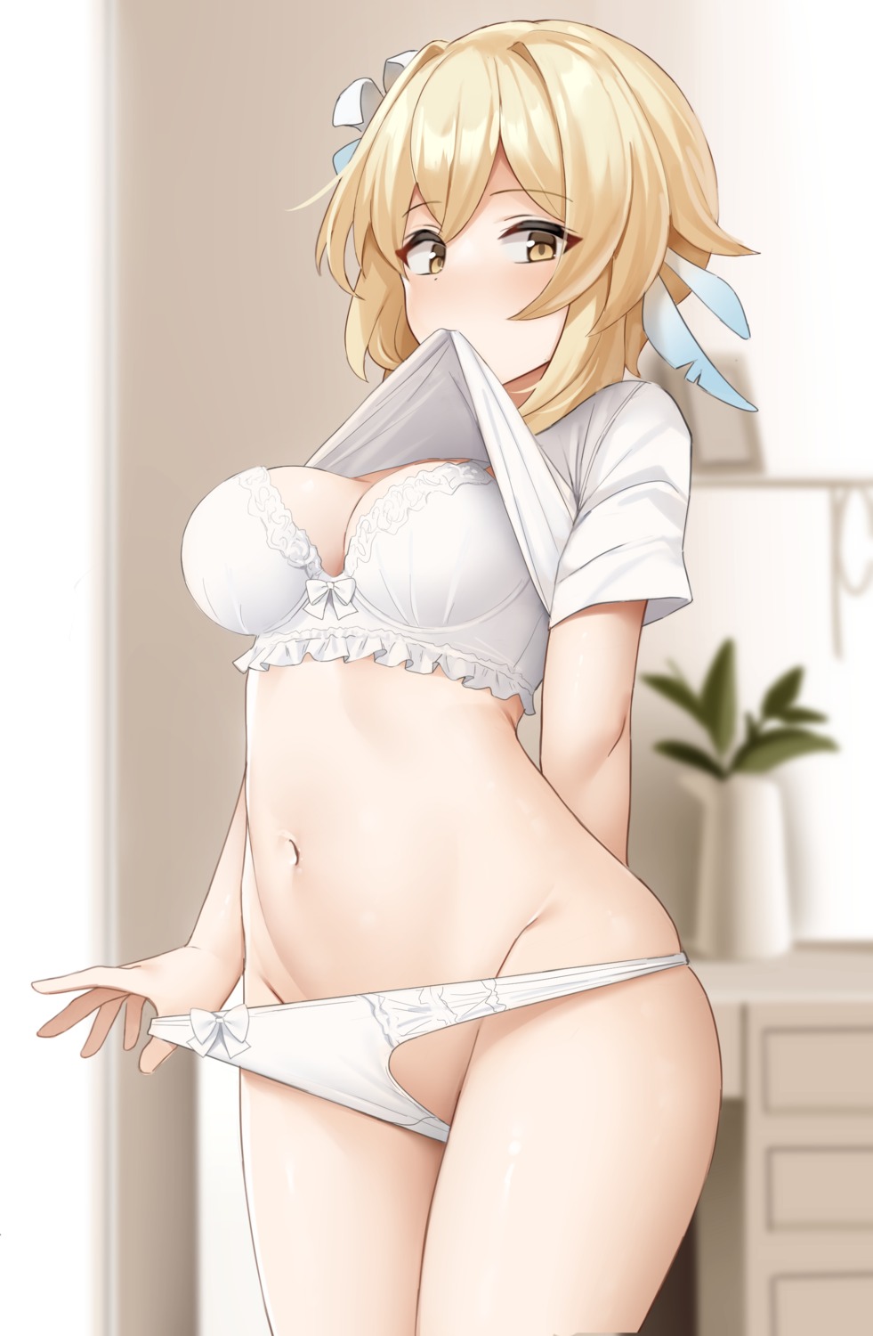 bra genshin_impact lumine pantsu panty_pull shengtian shirt_lift undressing