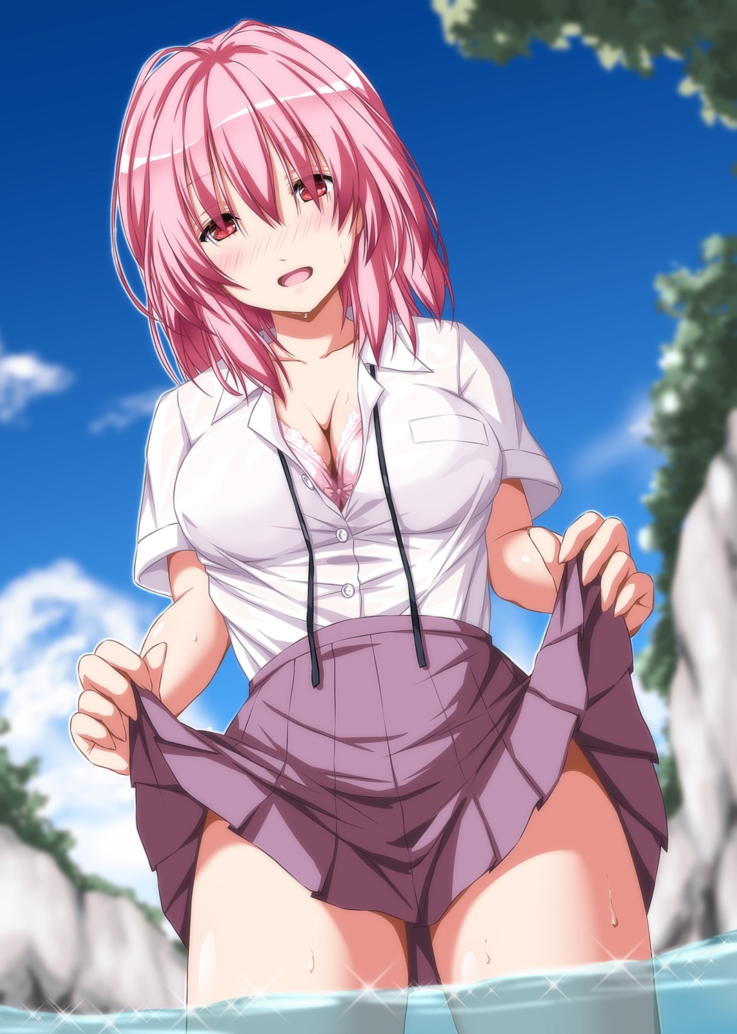 bra cleavage nori_tamago open_shirt saigyouji_yuyuko seifuku skirt_lift touhou wet