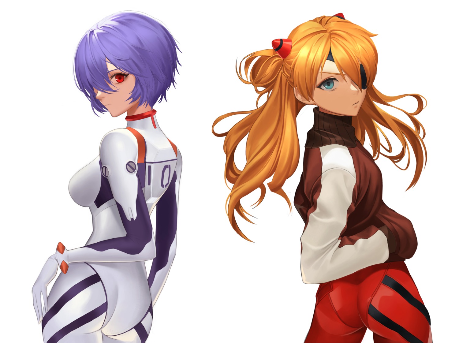 ass ayanami_rei bodysuit eyepatch moon_(yfsp7823) neon_genesis_evangelion souryuu_asuka_langley