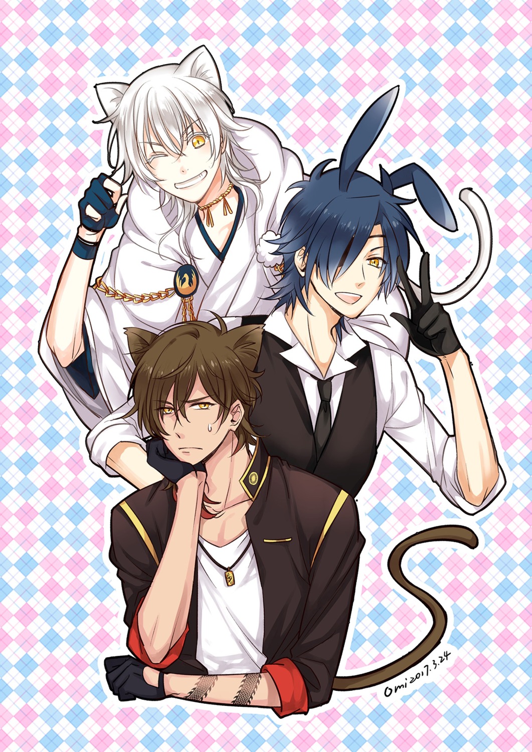 animal_ears bunny_ears bunny_girl eyepatch male nekomimi omi_(0mim0) ookurikara_(tourabu) shokudaikiri_mitsutada tail touken_ranbu tsurumaru_kuninaga