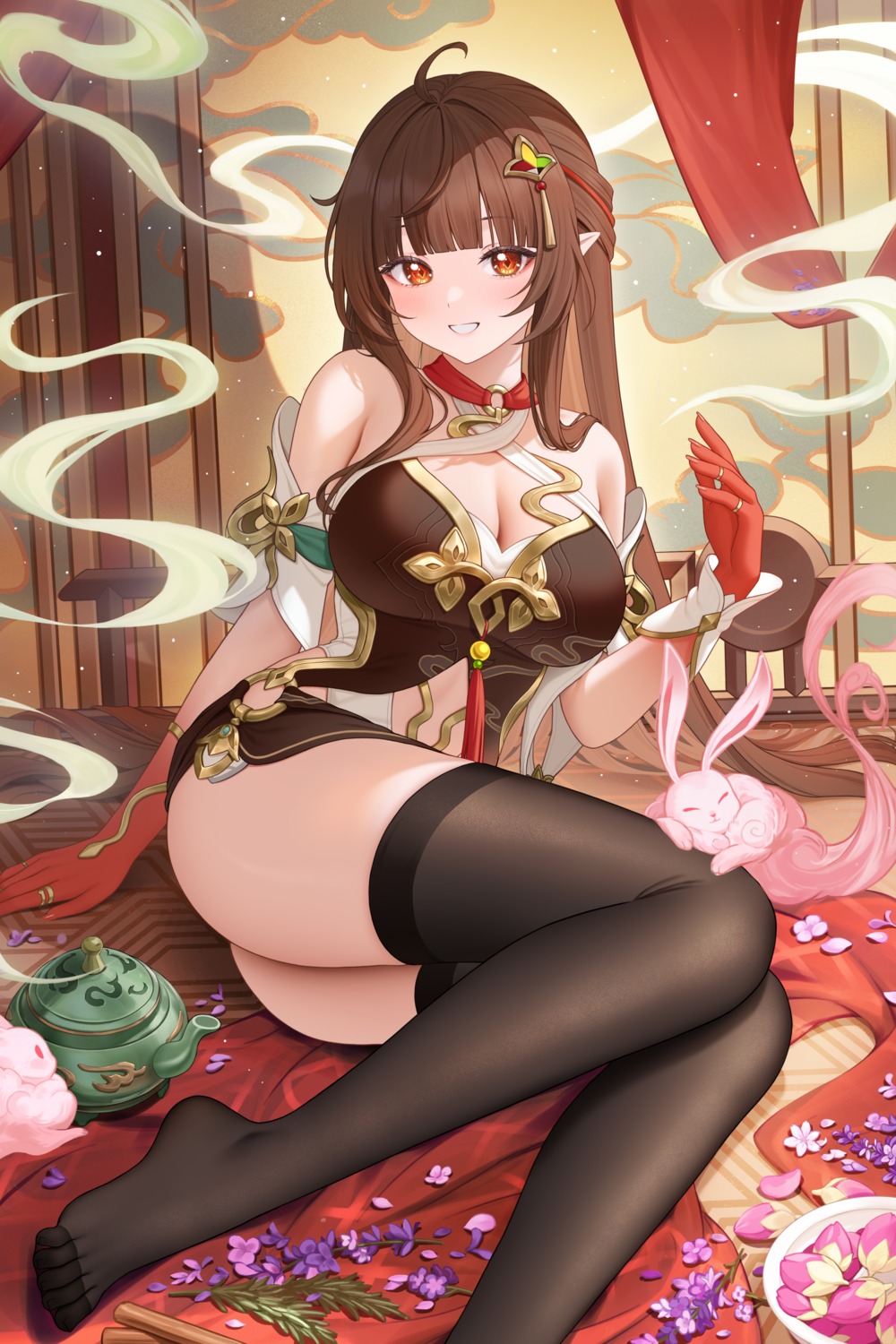 asian_clothes cleavage fukuro_ko_(greentea) honkai:_star_rail lingsha no_bra pointy_ears skirt_lift thighhighs