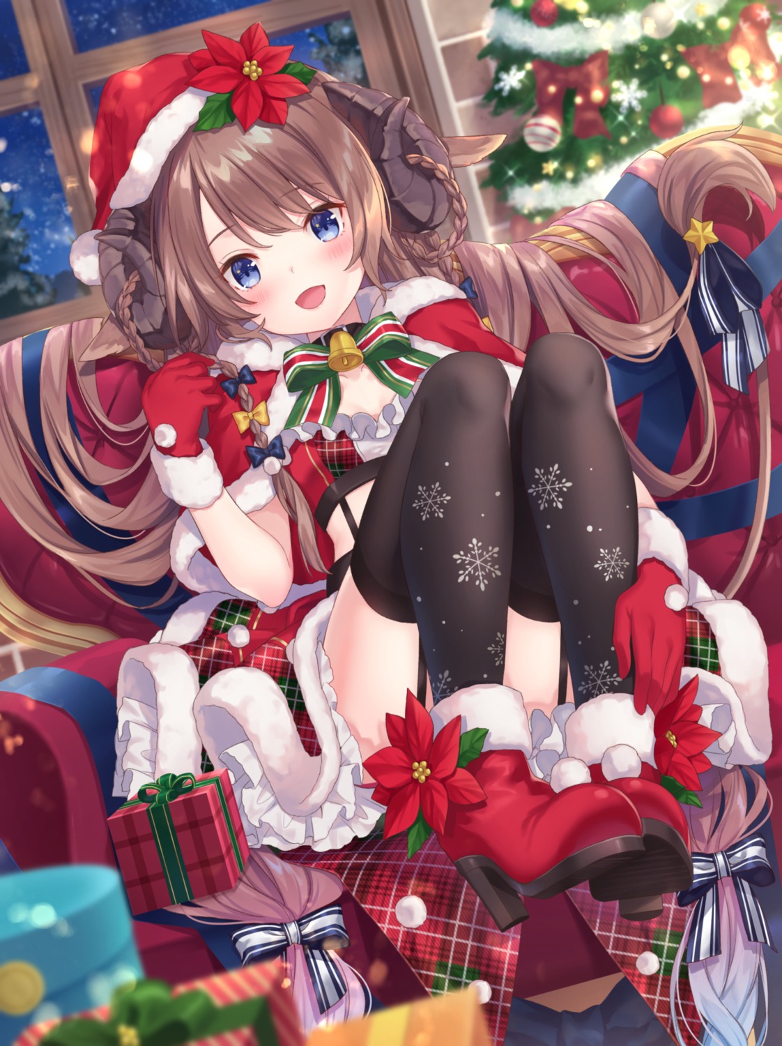 christmas cleavage heels horns jimmy nanase_subaru_(channel) nanase_subaru_(virtual_youtuber) skirt_lift stockings thighhighs