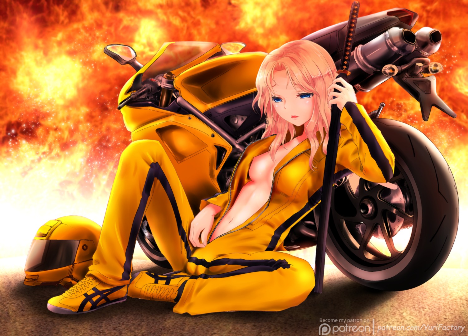 beatrix_kiddo bilibala bodysuit breasts cameltoe kill_bill no_bra open_shirt sword undressing