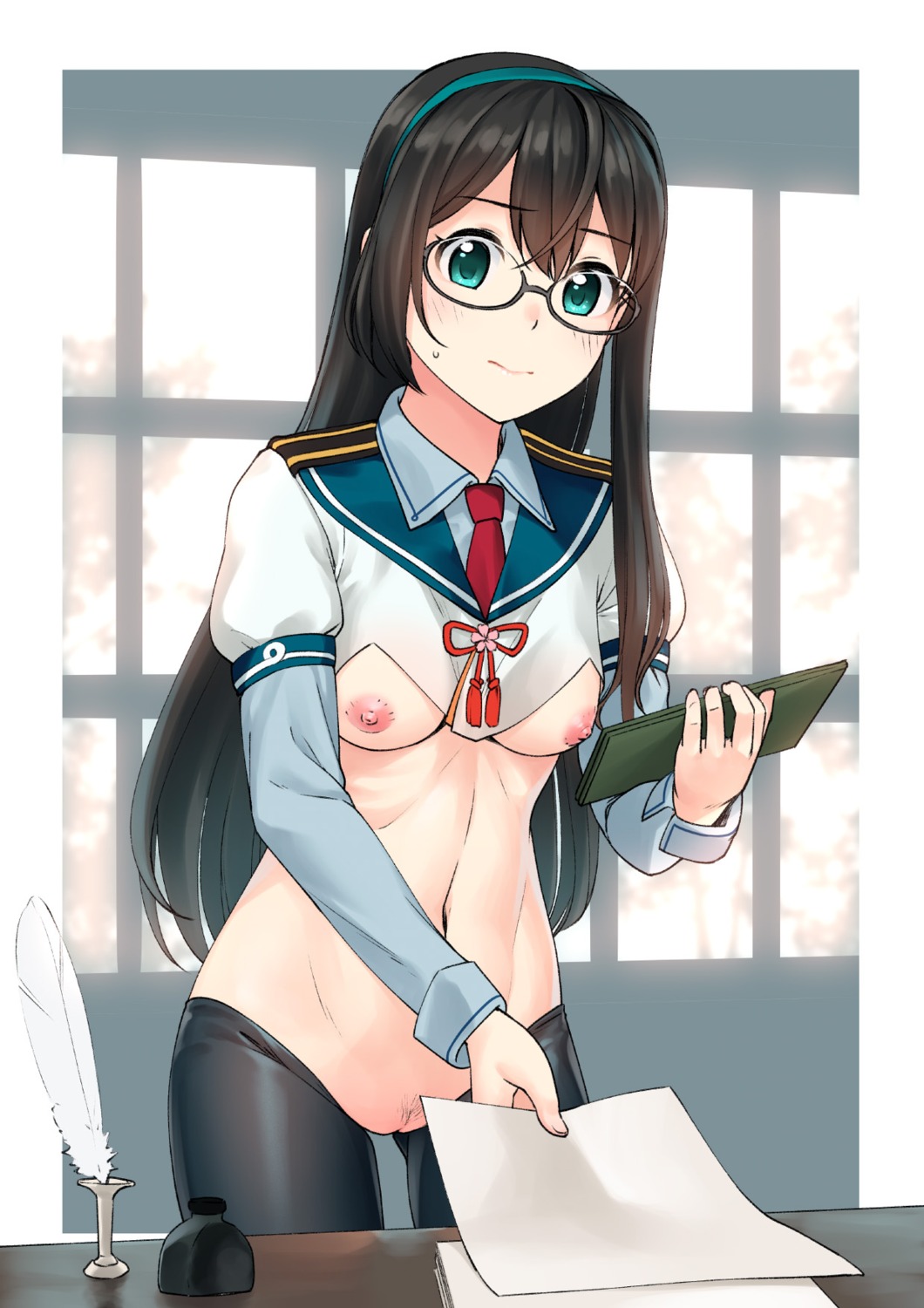 breasts jakelian kantai_collection nipples no_bra nopan ooyodo_(kancolle) pantyhose pubic_hair pussy seifuku