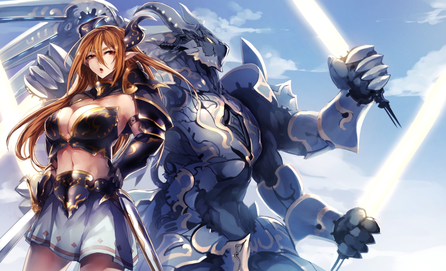 armor bikini_armor cleavage genyaky horns monster pointy_ears sword